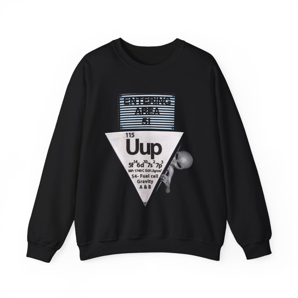 Uup 115 Entering Area 51 Crewneck Sweatshirt, front view (Printify product mockup)