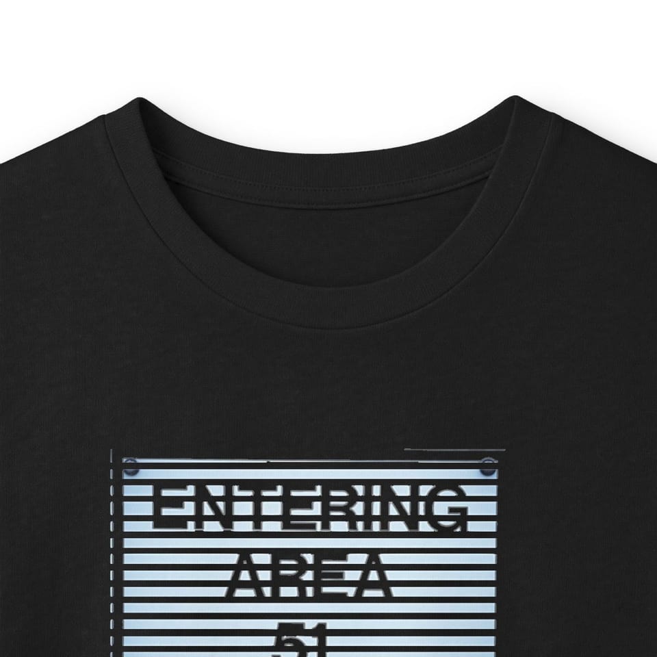 Uup 115 Entering Area 51 Long Sleeve Tee, collar closeup view (Printify product mockup)
