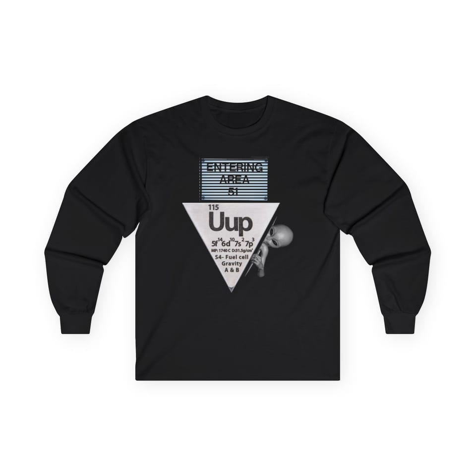 Uup 115 Entering Area 51 Long Sleeve Tee, front view (Printify product mockup)