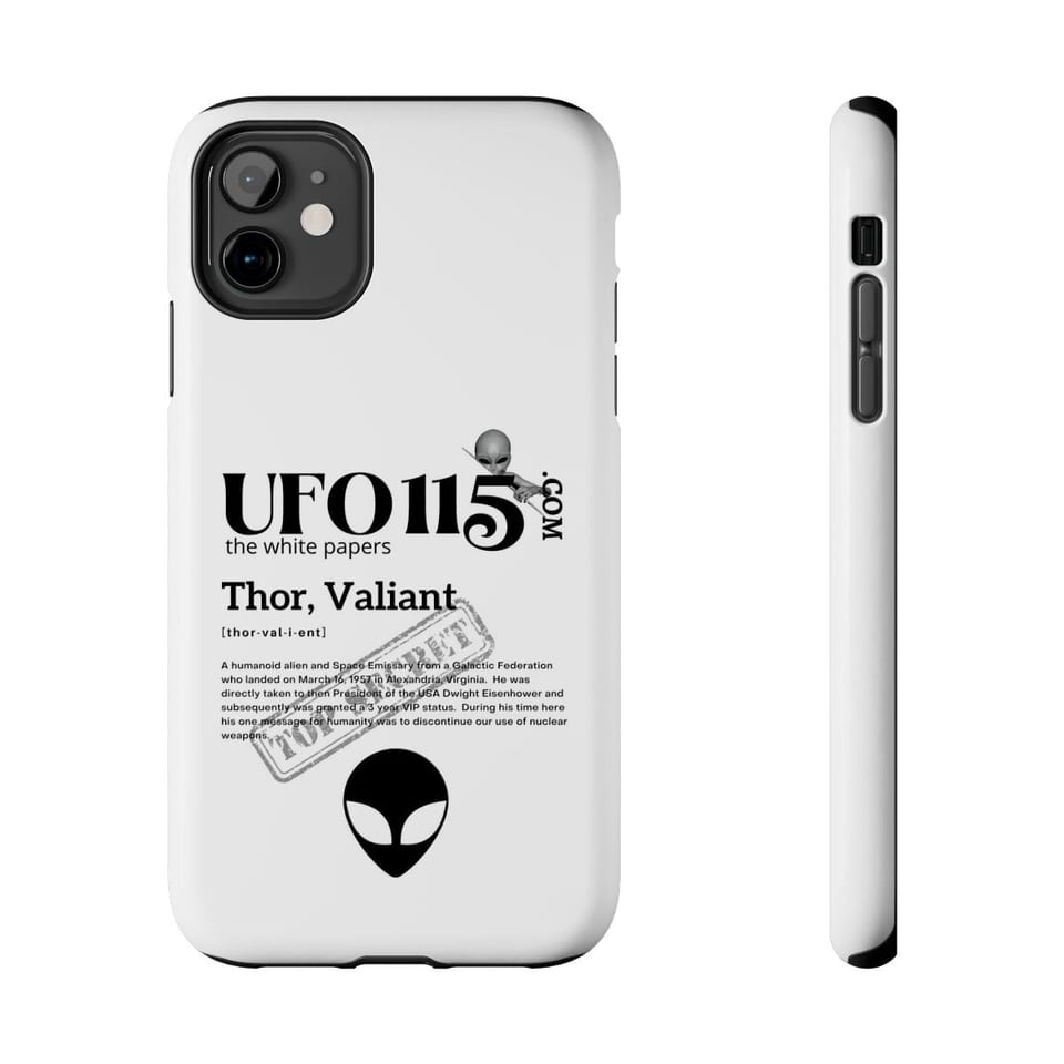 The White Papers Valiant Thor Phone Case, front and-side view (Printify product mockup)