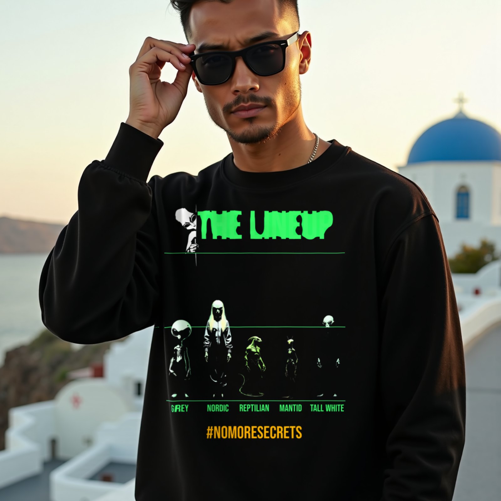 Alien Races Lineup crewneck sweatshirt in Black, worn by a model (on a whitewashed Santorini terrace at golden hour). AI-generated image: model and scene are AI-generated; the print is the real artwork.