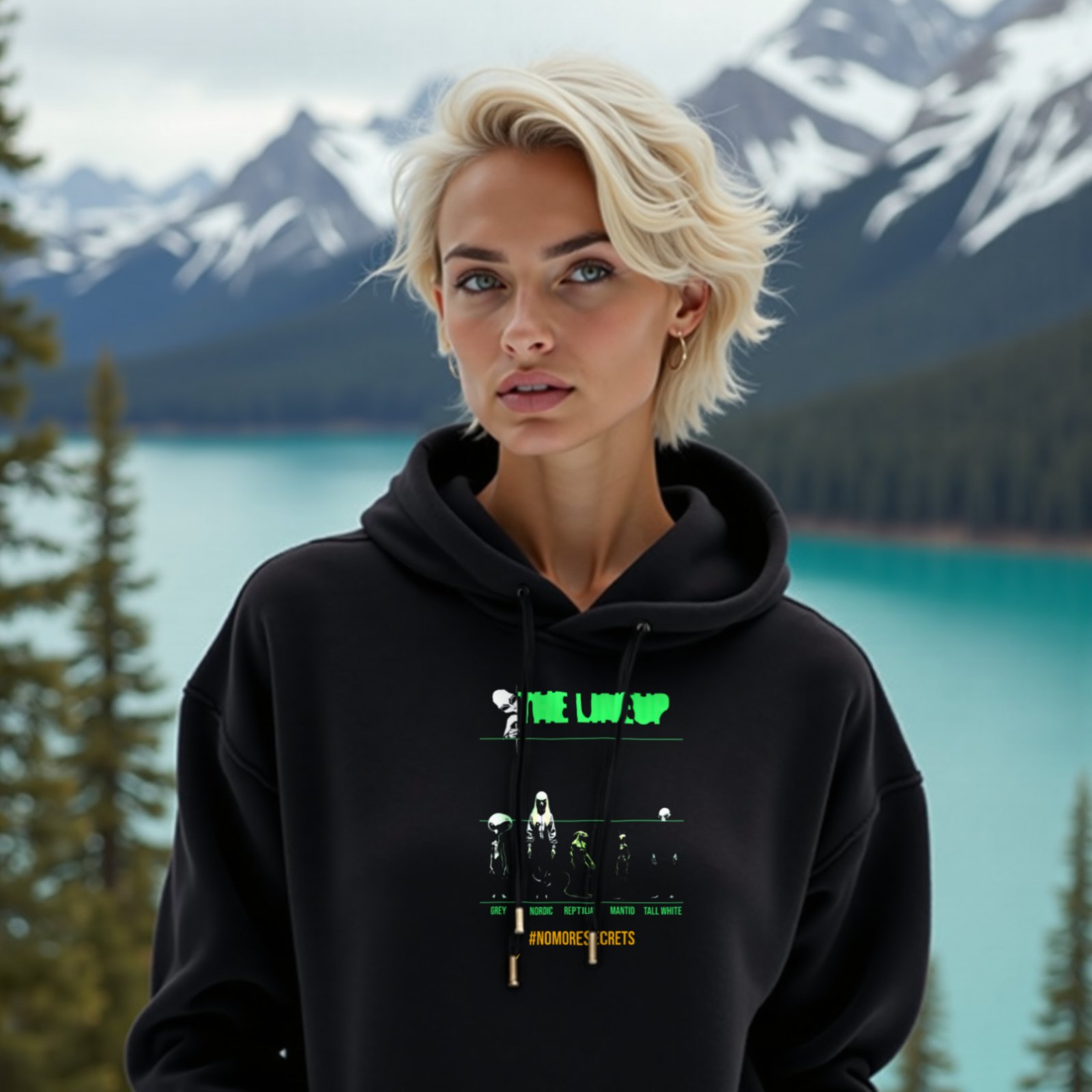 Alien Races Lineup hoodie in Black, worn by a model (on a lookout above a turquoise alpine lake). AI-generated image: model and scene are AI-generated; the print is the real artwork.