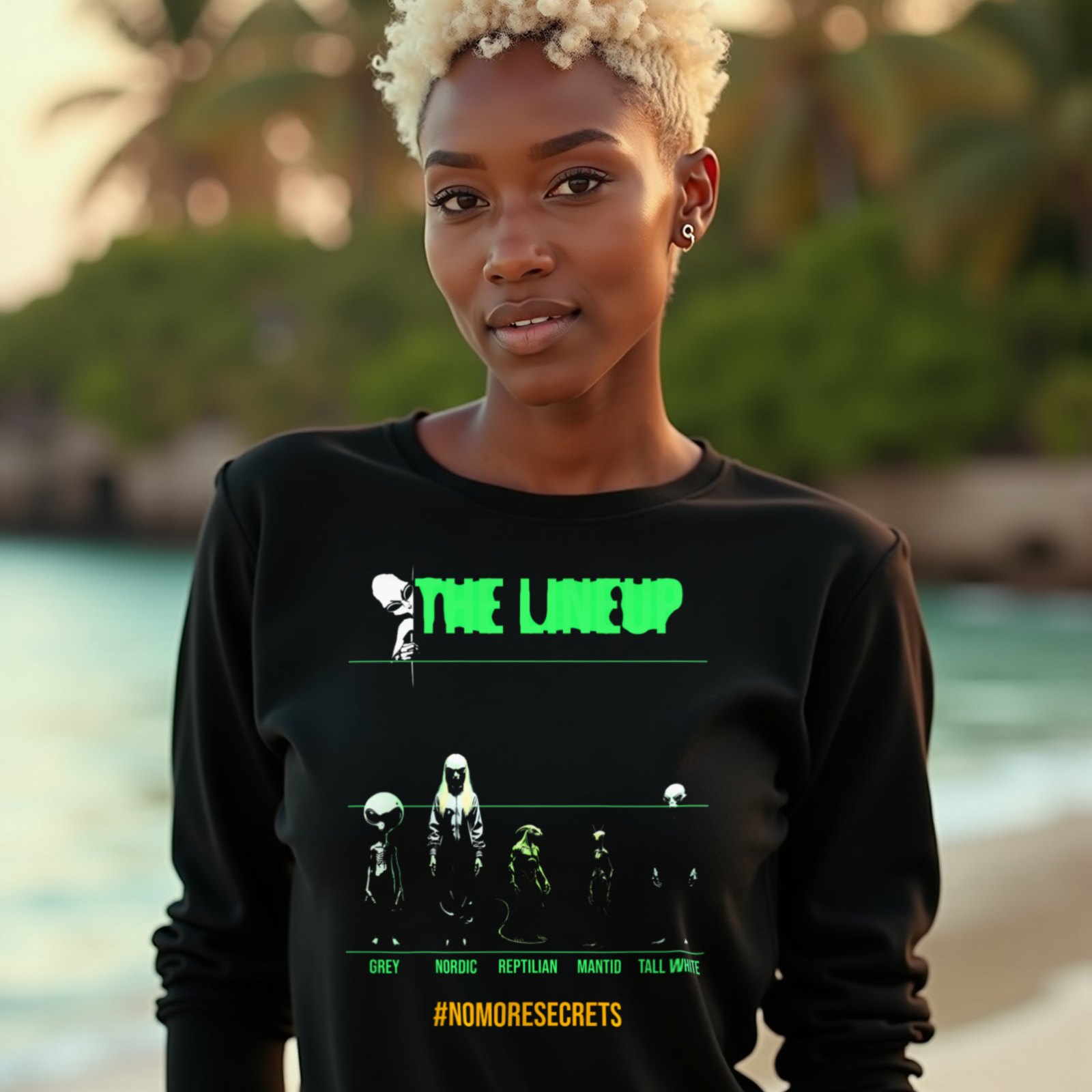 Alien Races Lineup long-sleeve T-shirt in Black, worn by a model (on a tropical beach at golden hour). AI-generated image: model and scene are AI-generated; the print is the real artwork.