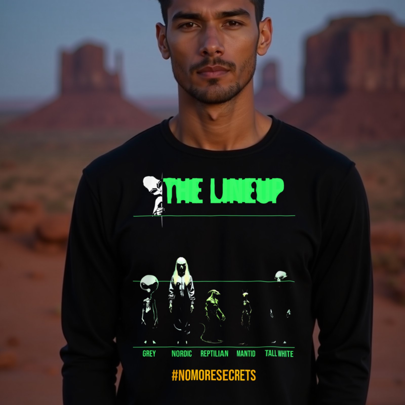 Alien Races Lineup long-sleeve T-shirt in Black, worn by a model (in Monument Valley at dusk). AI-generated image: model and scene are AI-generated; the print is the real artwork.