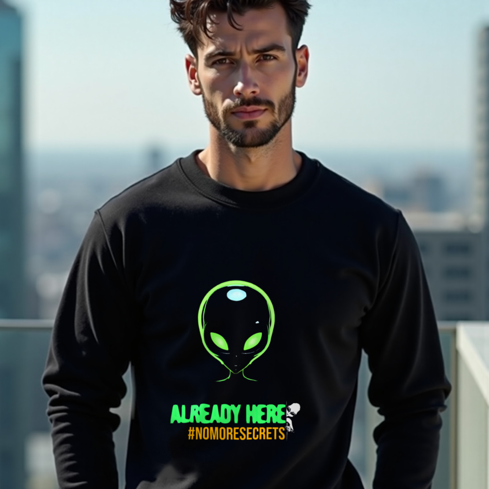 Already Here Neon Grey crewneck sweatshirt in Black, worn by a model (on a rooftop terrace above a modern city skyline on a clear day). AI-generated image: model and scene are AI-generated; the print is the real artwork.
