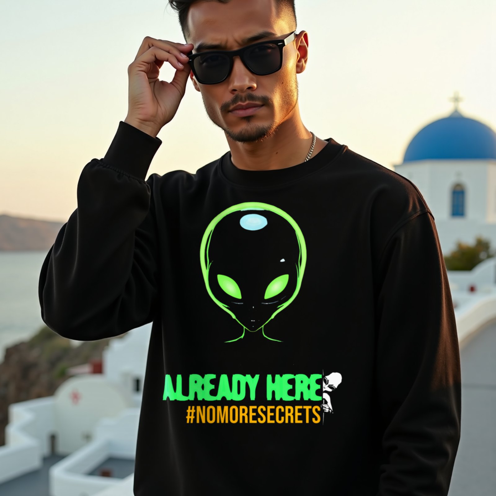 Already Here Neon Grey crewneck sweatshirt in Black, worn by a model (on a whitewashed Santorini terrace at golden hour). AI-generated image: model and scene are AI-generated; the print is the real artwork.