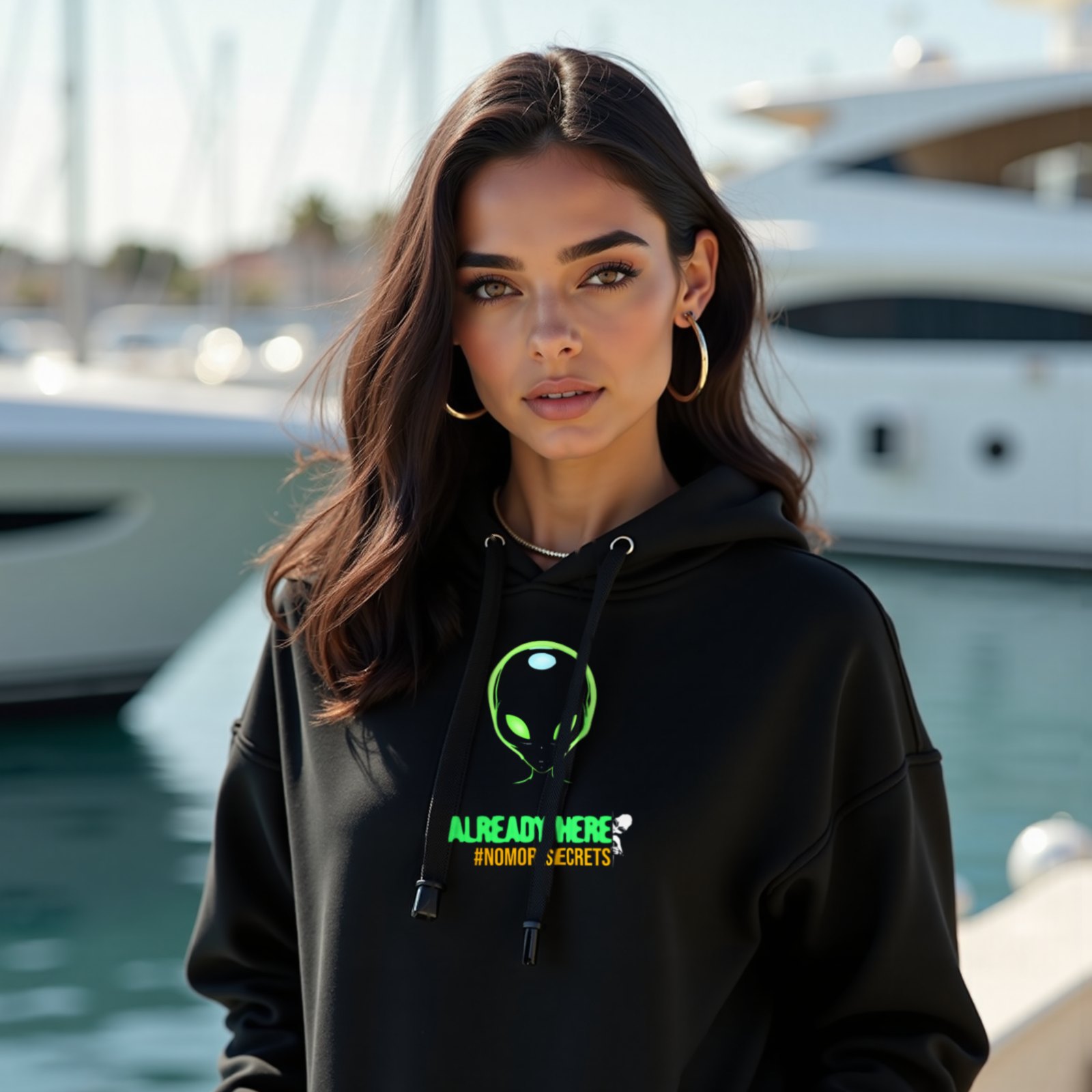 Already Here Neon Grey hoodie in Black, worn by a model (on the teak deck of a sleek yacht in a sunlit Mediterranean marina). AI-generated image: model and scene are AI-generated; the print is the real artwork.