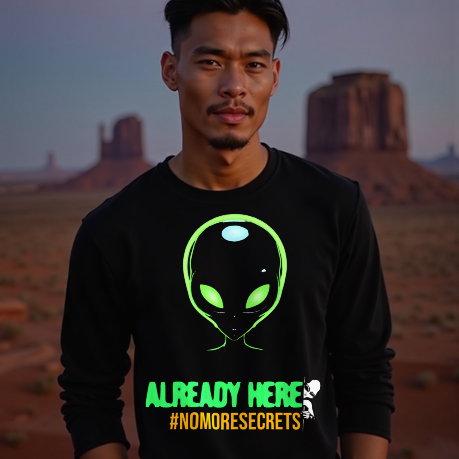 Already Here Neon Grey long-sleeve T-shirt in Black, worn by a model (in Monument Valley at dusk). AI-generated image: model and scene are AI-generated; the print is the real artwork.