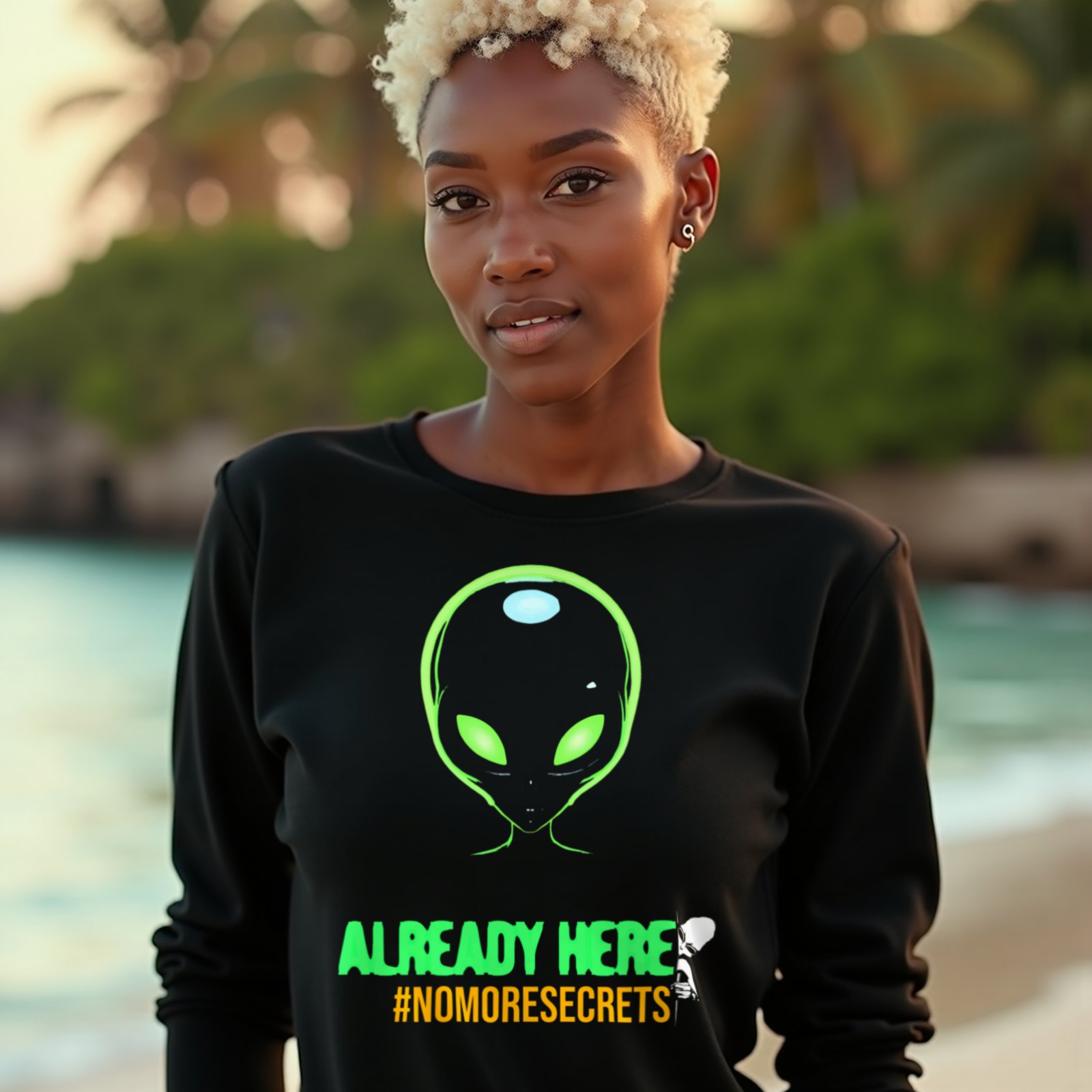 Already Here Neon Grey long-sleeve T-shirt in Black, worn by a model (on a tropical beach at golden hour). AI-generated image: model and scene are AI-generated; the print is the real artwork.