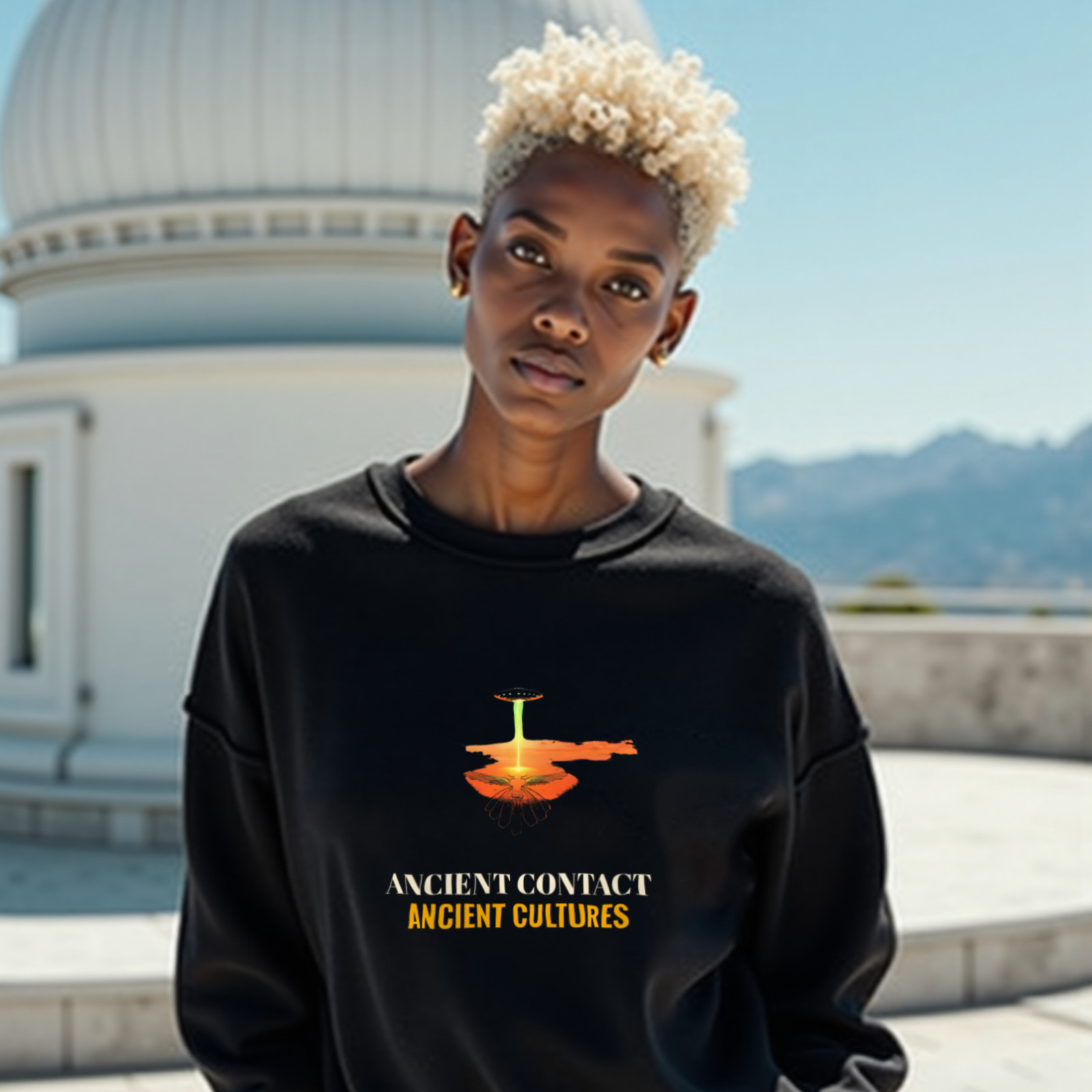 Ancient Contact Desert Lines crewneck sweatshirt in Black, worn by a model (on the white stone terrace of a mountain-top observatory on a bright clear day). AI-generated image: model and scene are AI-generated; the print is the real artwork.