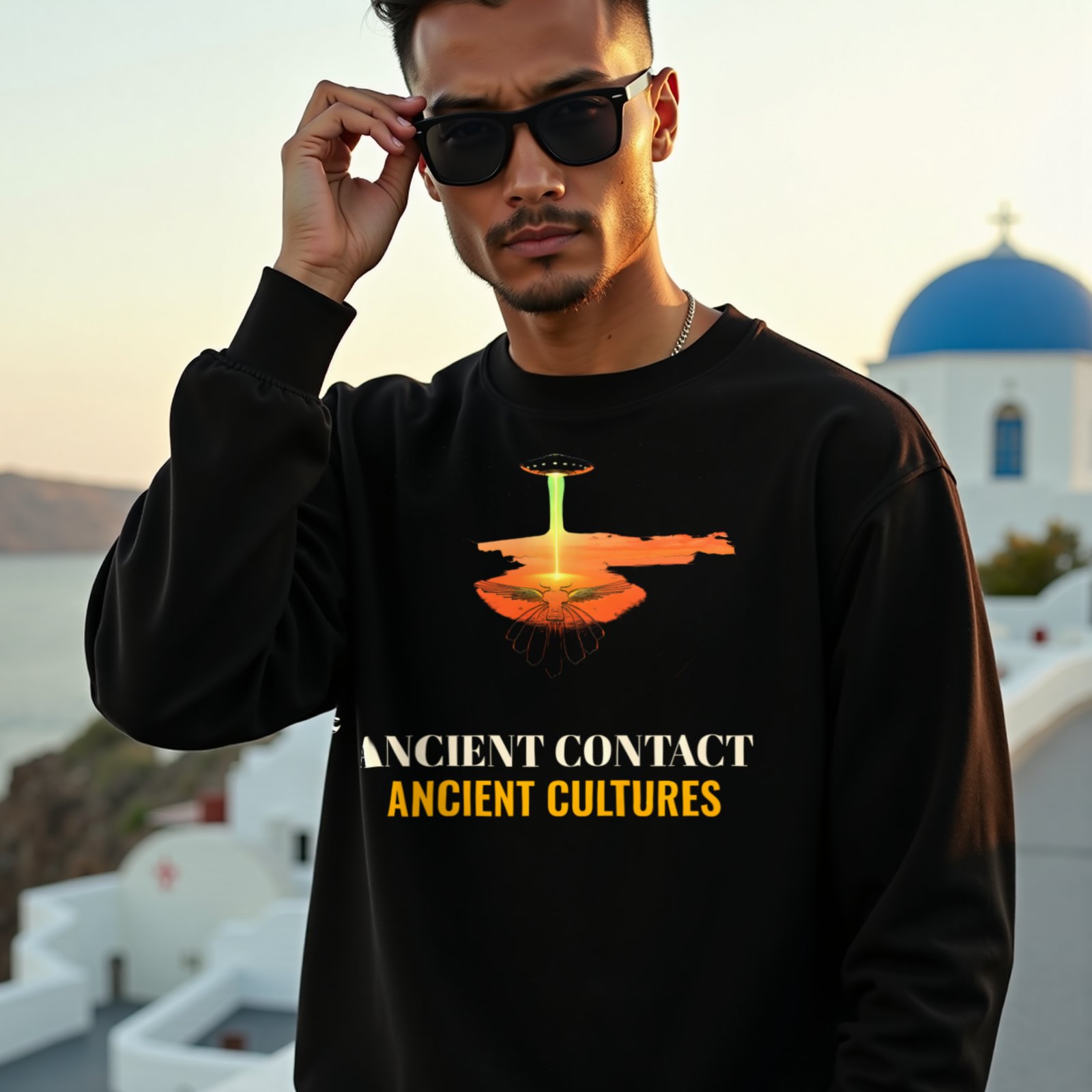 Ancient Contact Desert Lines crewneck sweatshirt in Black, worn by a model (on a whitewashed Santorini terrace at golden hour). AI-generated image: model and scene are AI-generated; the print is the real artwork.