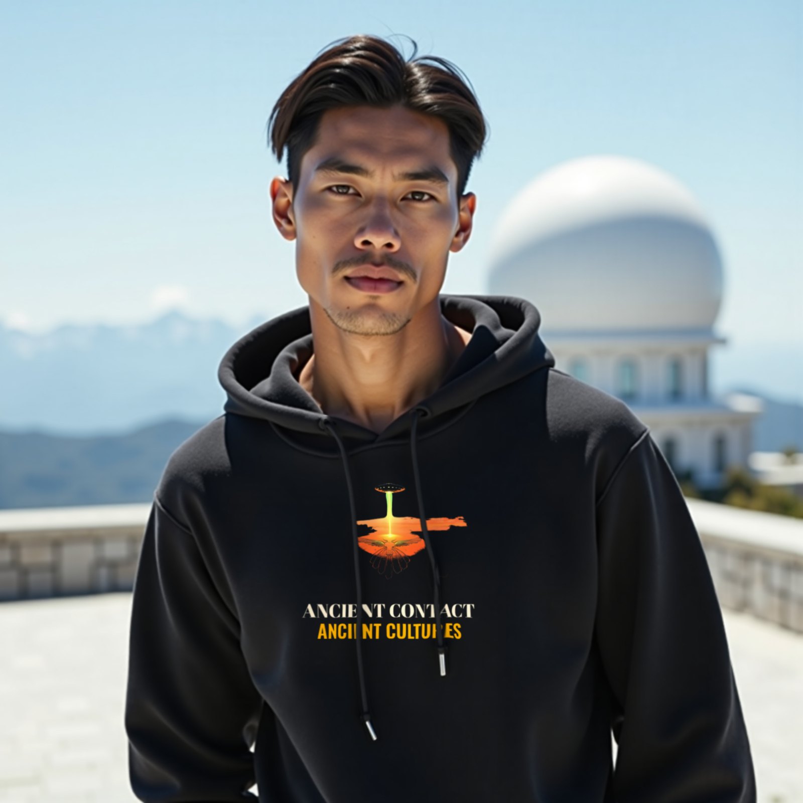 Ancient Contact Desert Lines hoodie in Black, worn by a model (on the white stone terrace of a mountain-top observatory on a bright clear day). AI-generated image: model and scene are AI-generated; the print is the real artwork.