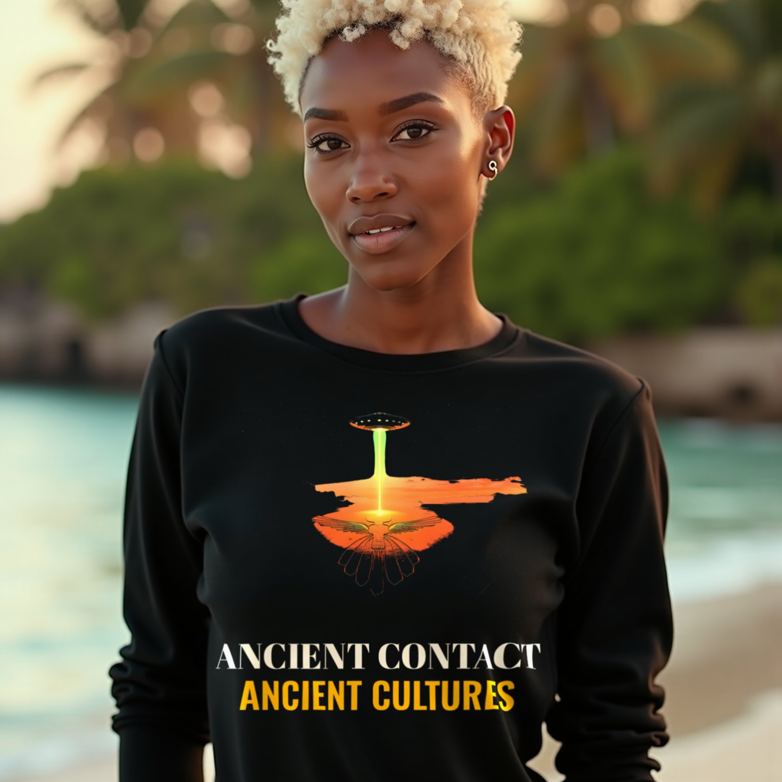 Ancient Contact Desert Lines long-sleeve T-shirt in Black, worn by a model (on a tropical beach at golden hour). AI-generated image: model and scene are AI-generated; the print is the real artwork.