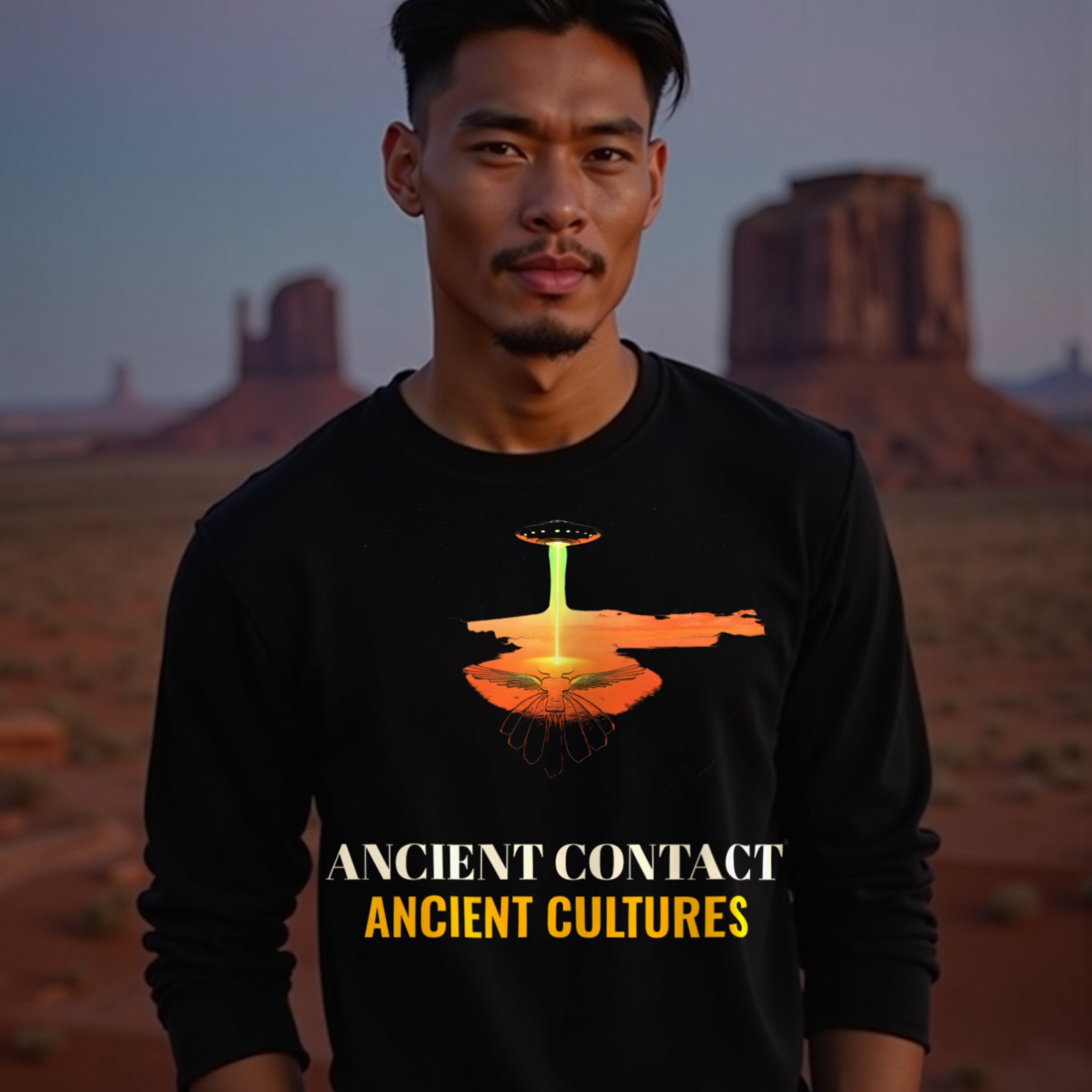 Ancient Contact Desert Lines long-sleeve T-shirt in Black, worn by a model (in Monument Valley at dusk). AI-generated image: model and scene are AI-generated; the print is the real artwork.