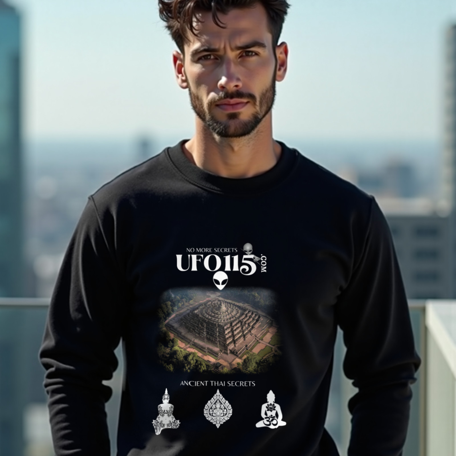 Ancient Thai Secrets crewneck sweatshirt in Black, worn by a model (on a rooftop terrace above a modern city skyline on a clear day). AI-generated image: model and scene are AI-generated; the print is the real artwork.