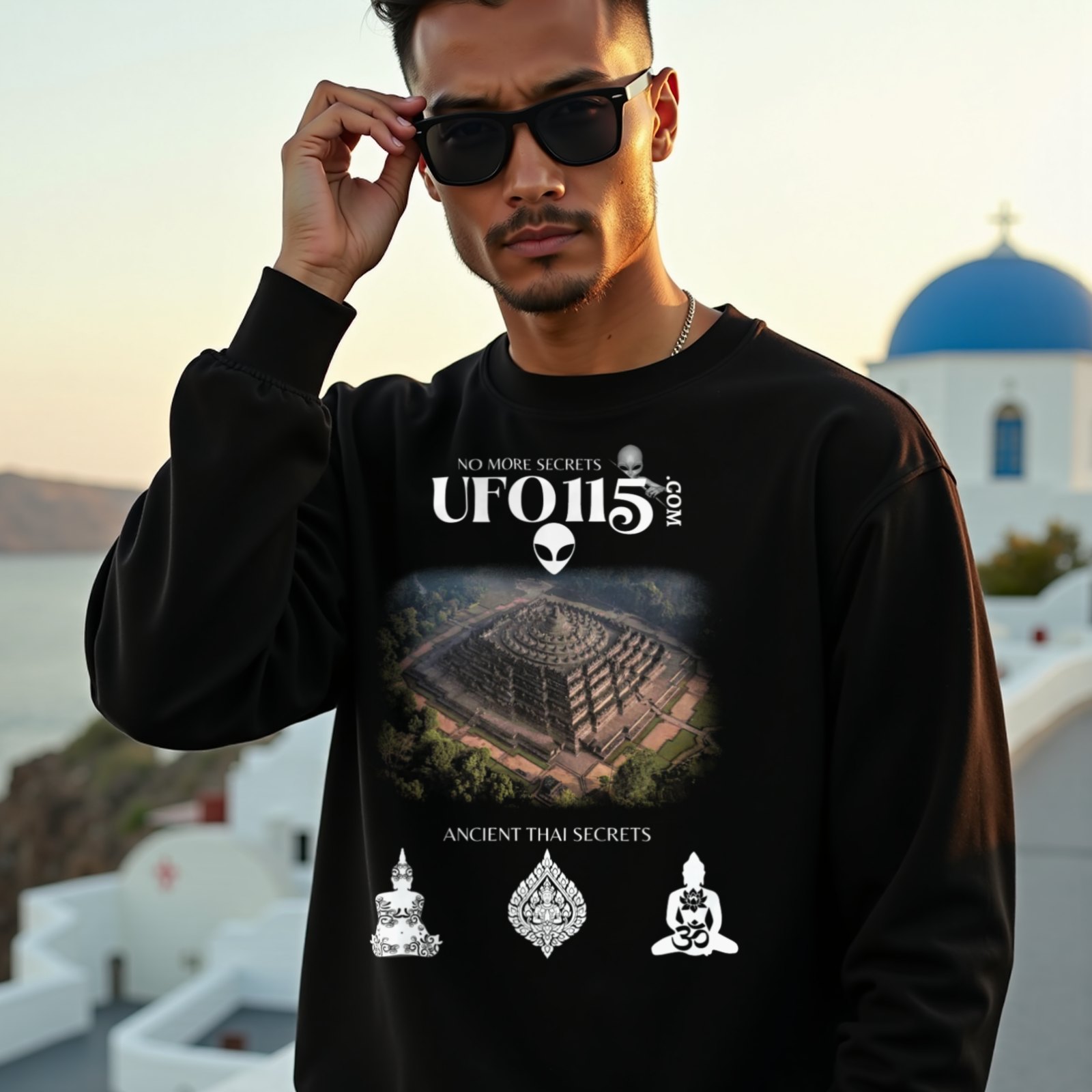 Ancient Thai Secrets crewneck sweatshirt in Black, worn by a model (on a whitewashed Santorini terrace at golden hour). AI-generated image: model and scene are AI-generated; the print is the real artwork.