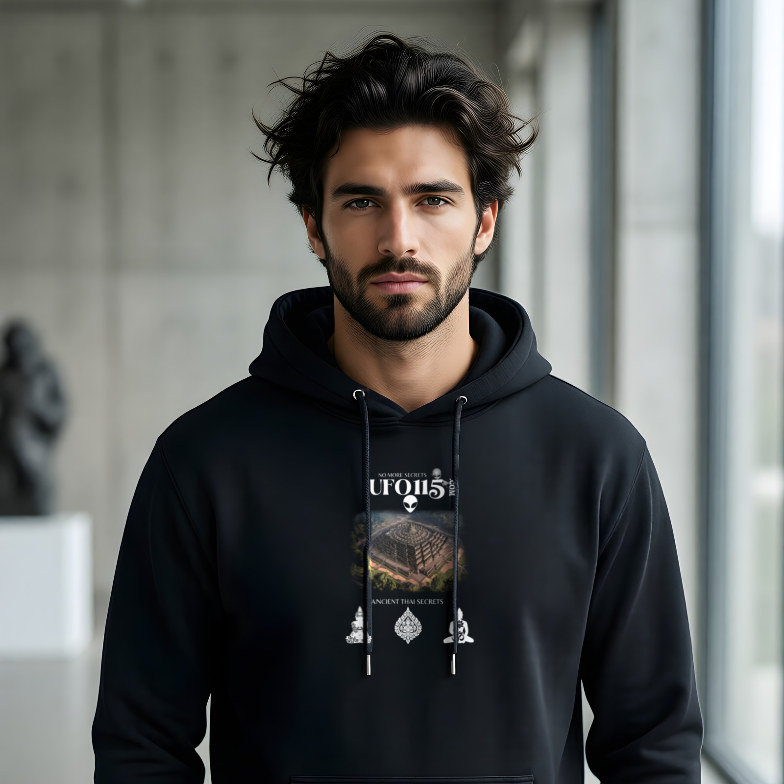 Ancient Thai Secrets hoodie in Black, worn by a model (in a minimalist concrete architecture gallery with tall windows).