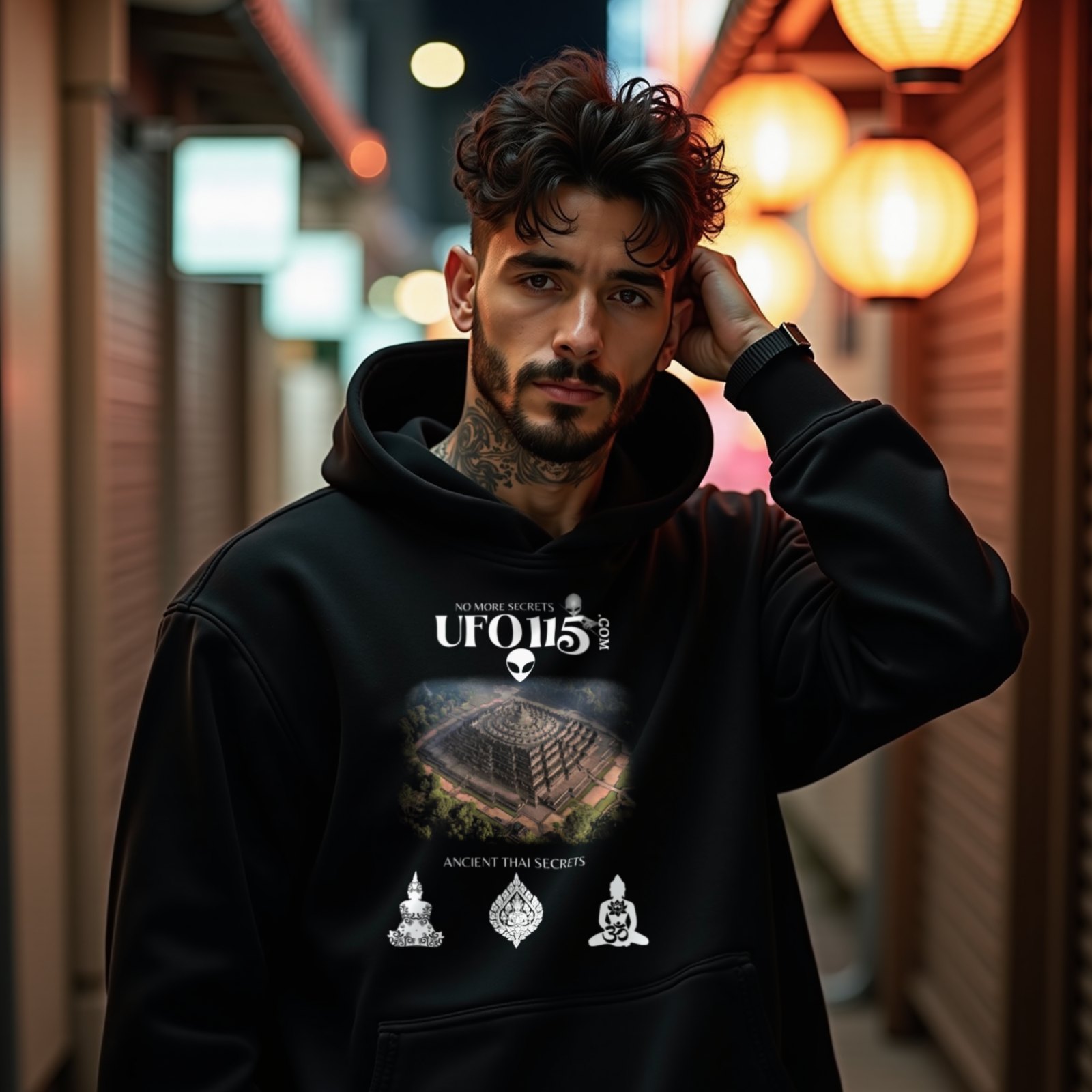 Ancient Thai Secrets hoodie in Black, worn by a model (on a narrow Tokyo street at night). AI-generated image: model and scene are AI-generated; the print is the real artwork.
