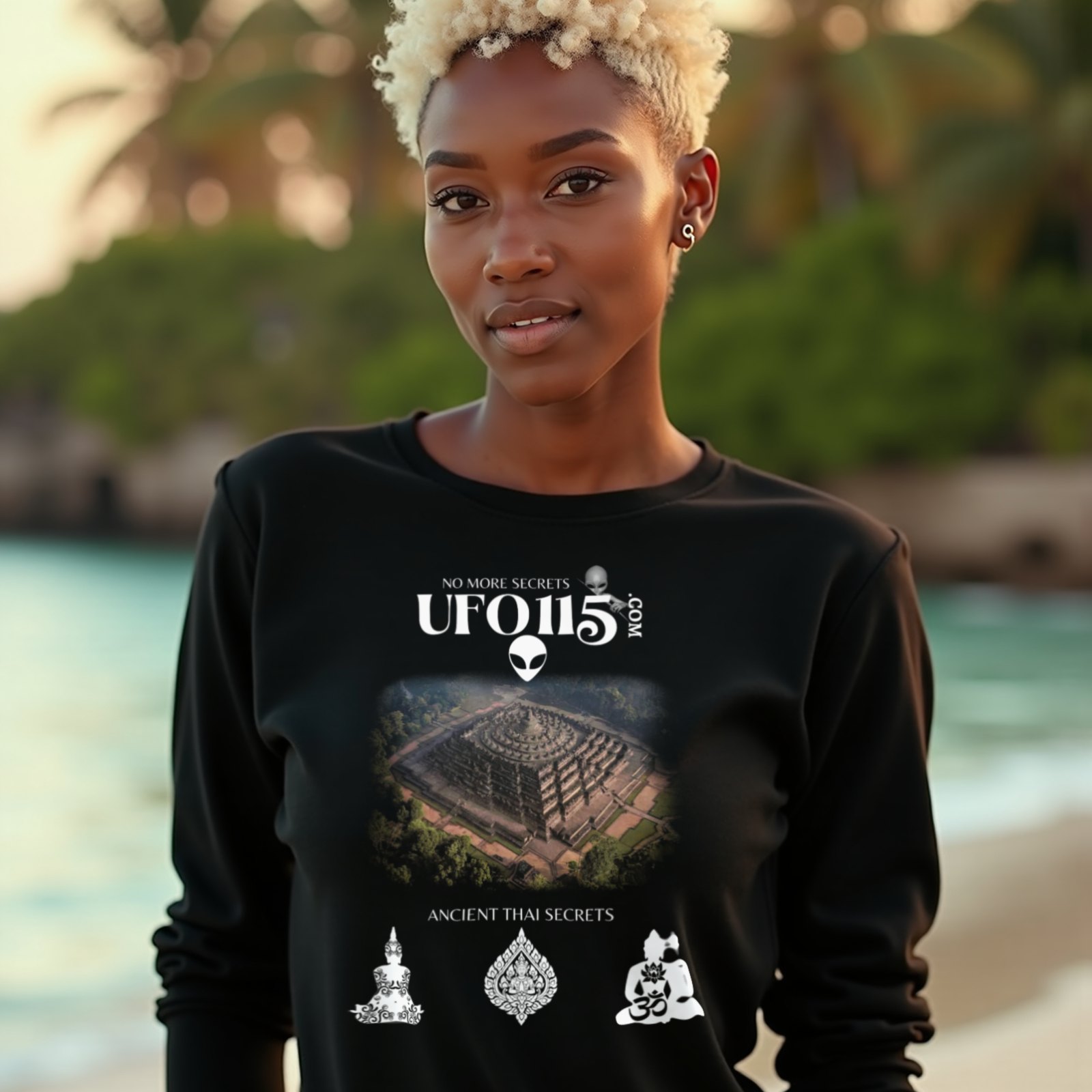 Ancient Thai Secrets long-sleeve T-shirt in Black, worn by a model (on a tropical beach at golden hour). AI-generated image: model and scene are AI-generated; the print is the real artwork.