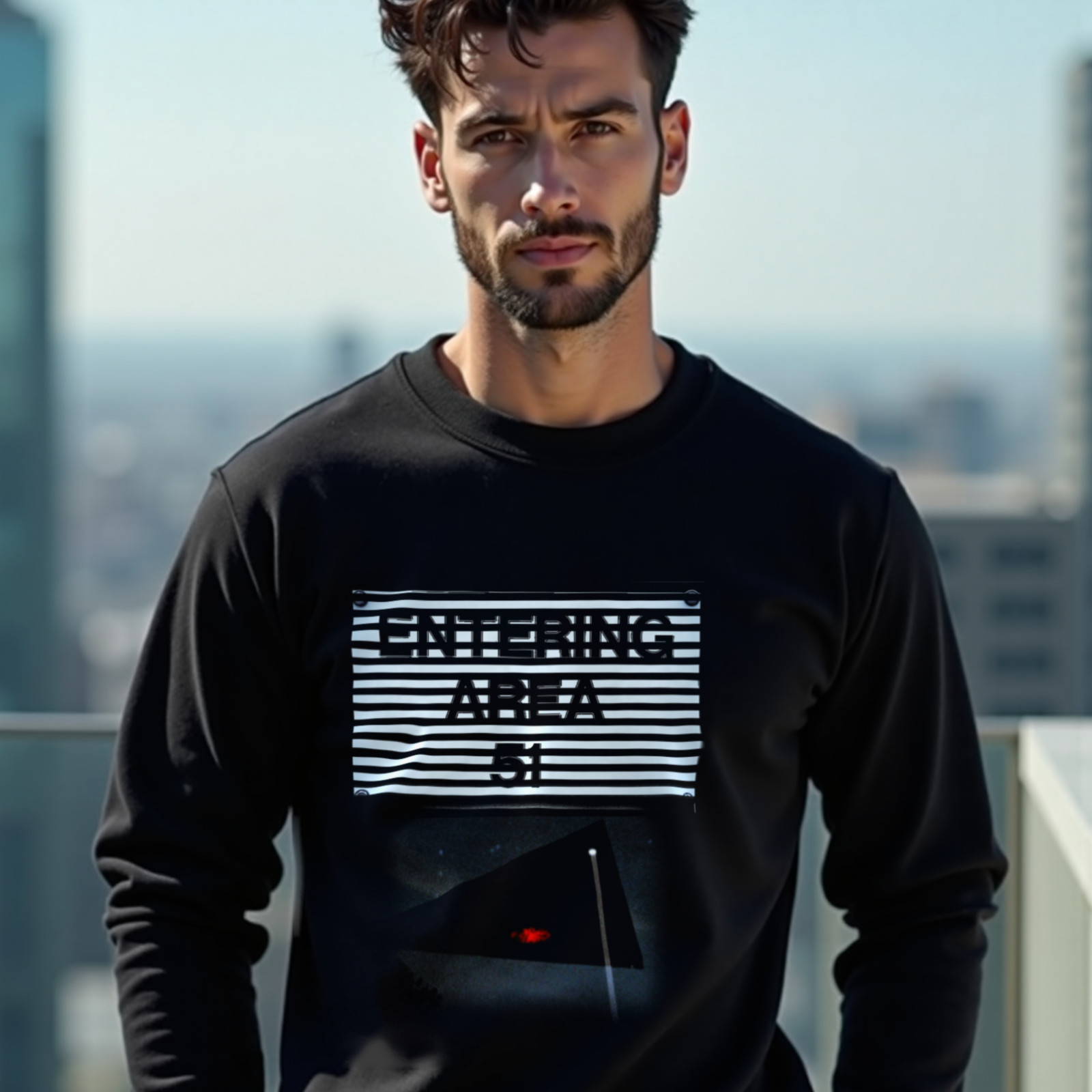 Area 51 – Black Triangle crewneck sweatshirt in Black, worn by a model (on a rooftop terrace above a modern city skyline on a clear day). AI-generated image: model and scene are AI-generated; the print is the real artwork.