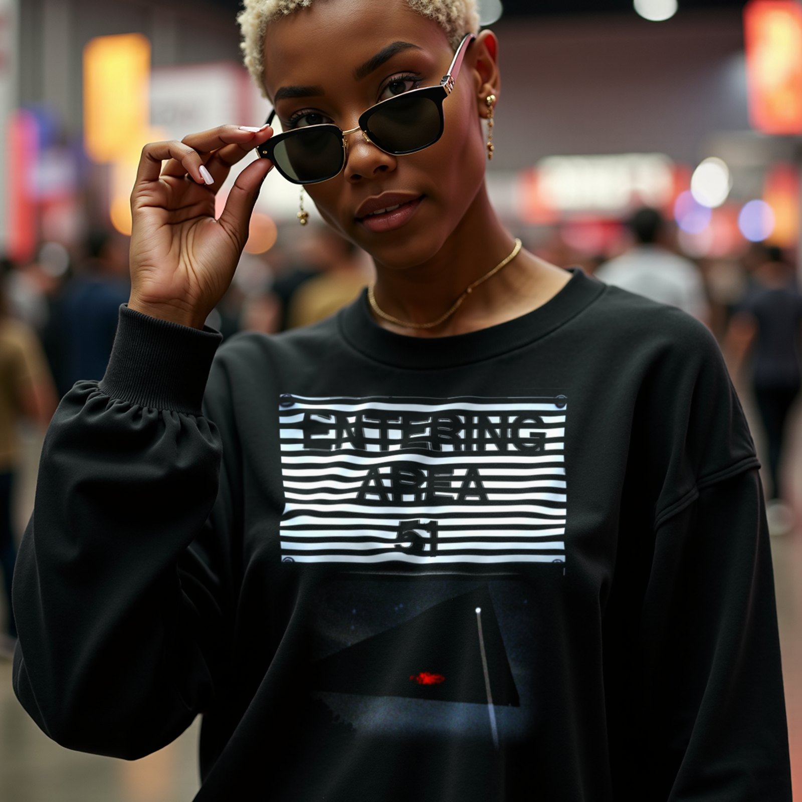 Area 51 – Black Triangle crewneck sweatshirt in Black, worn by a model (in a busy science-fiction fan convention hall). AI-generated image: model and scene are AI-generated; the print is the real artwork.