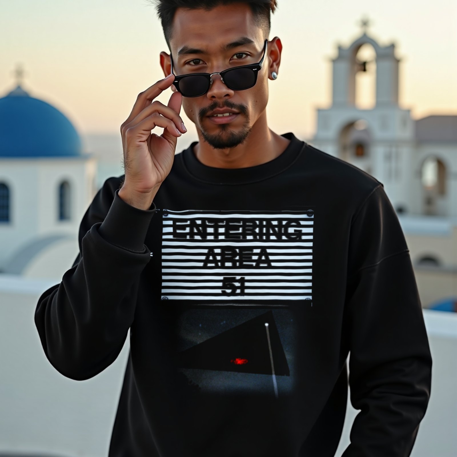Area 51 – Black Triangle crewneck sweatshirt in Black, worn by a model (on a whitewashed Santorini terrace at golden hour). AI-generated image: model and scene are AI-generated; the print is the real artwork.
