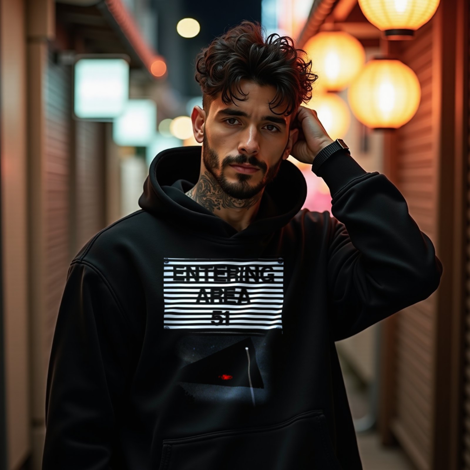 Area 51 – Black Triangle hoodie in Black, worn by a model (on a narrow Tokyo street at night). AI-generated image: model and scene are AI-generated; the print is the real artwork.