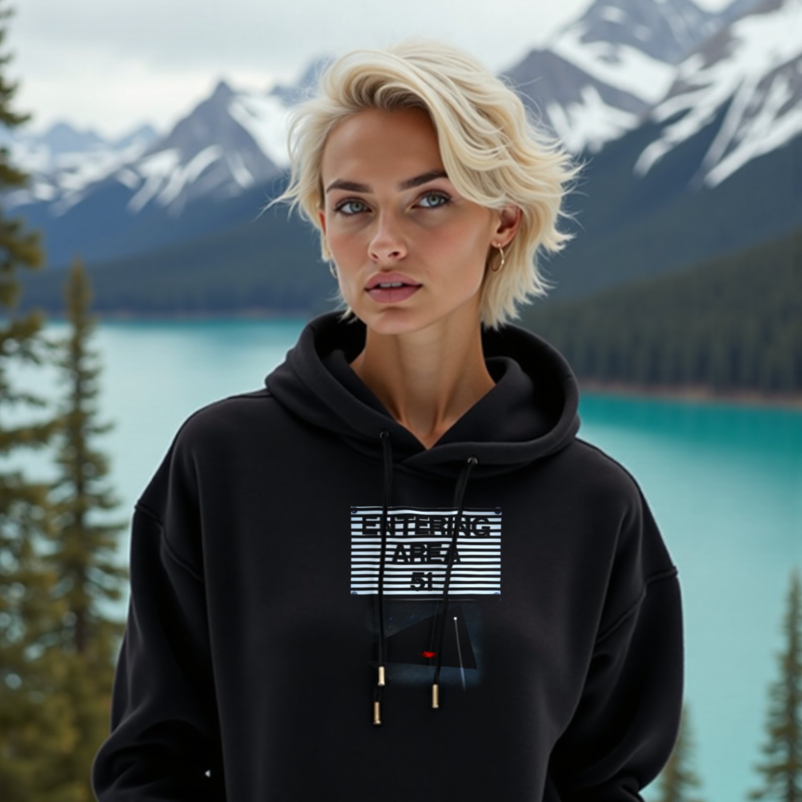 Area 51 – Black Triangle hoodie in Black, worn by a model (on a lookout above a turquoise alpine lake). AI-generated image: model and scene are AI-generated; the print is the real artwork.