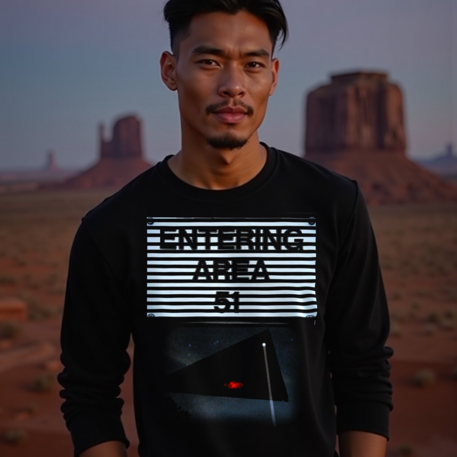 Area 51 – Black Triangle long-sleeve T-shirt in Black, worn by a model (in Monument Valley at dusk). AI-generated image: model and scene are AI-generated; the print is the real artwork.