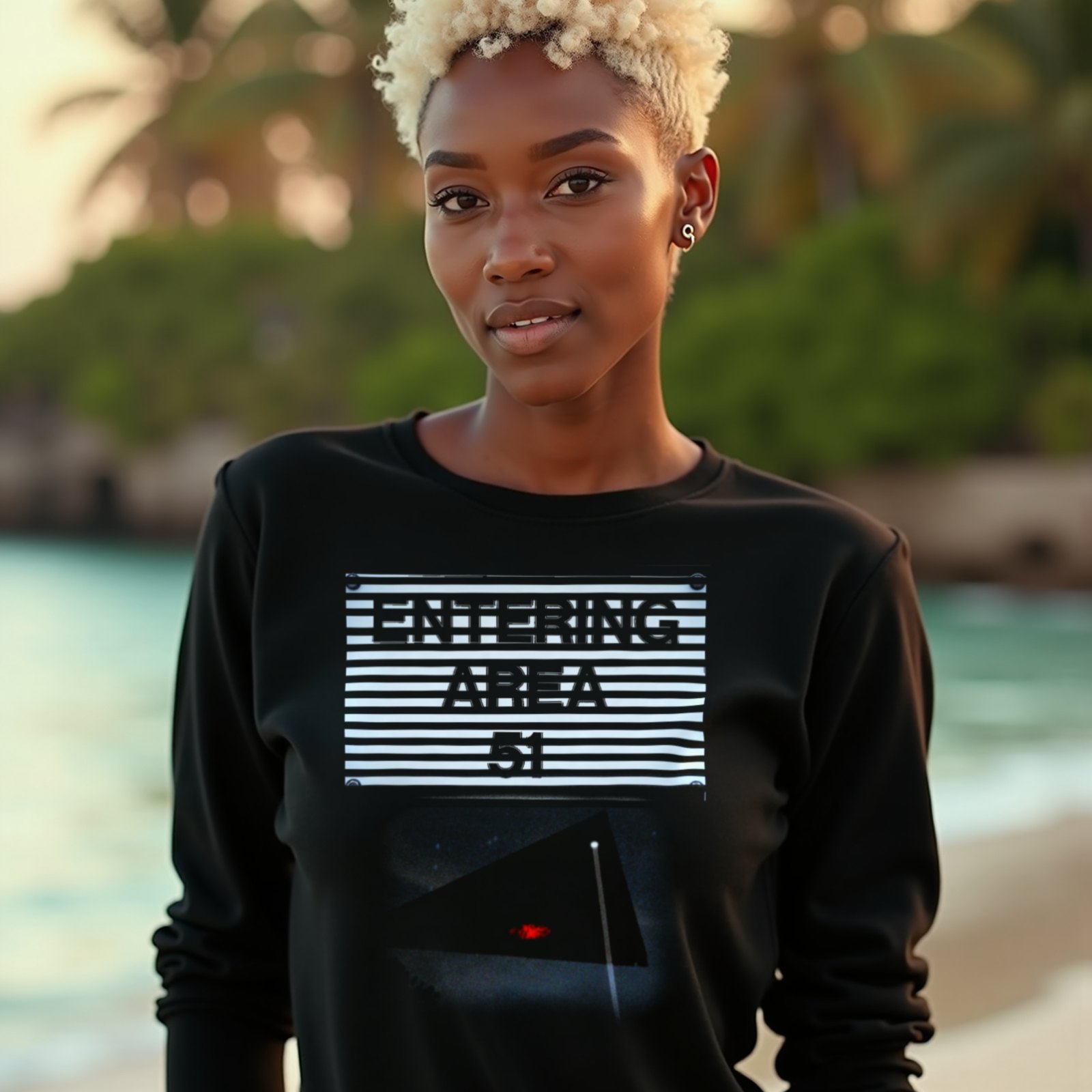 Area 51 – Black Triangle long-sleeve T-shirt in Black, worn by a model (on a tropical beach at golden hour). AI-generated image: model and scene are AI-generated; the print is the real artwork.