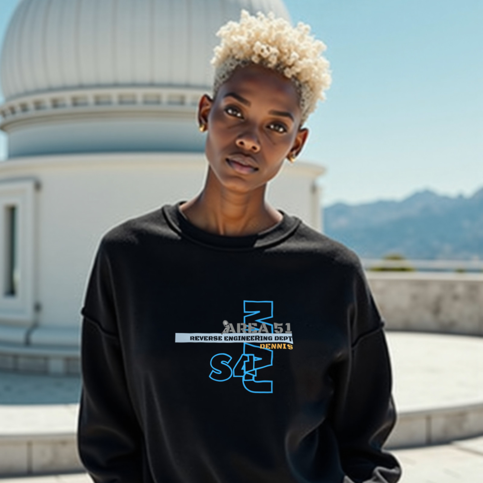 Area 51 Reverse Engineering Dept crewneck sweatshirt in Black, worn by a model (on the white stone terrace of a mountain-top observatory on a bright clear day). AI-generated image: model and scene are AI-generated; the print is the real artwork.