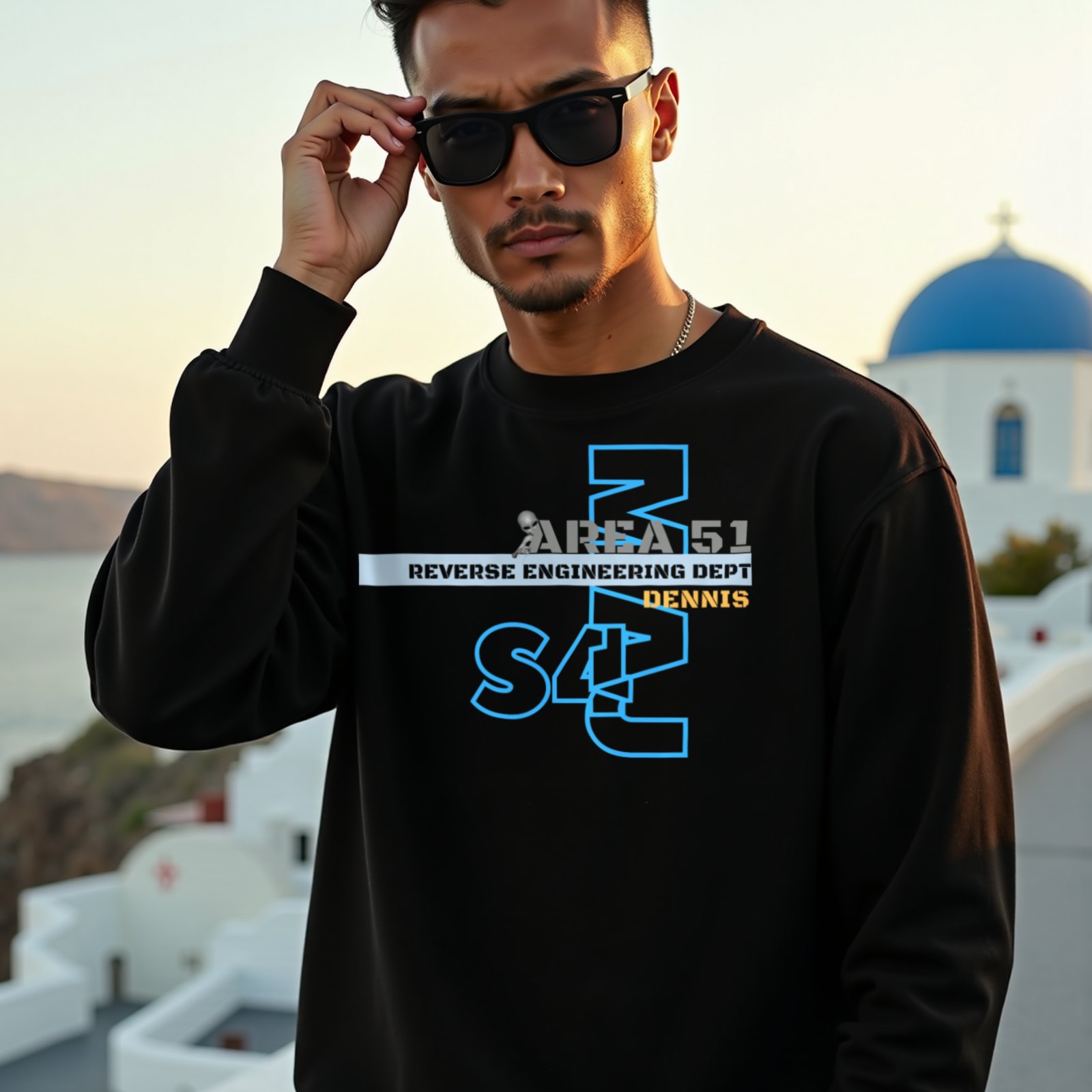 Area 51 Reverse Engineering Dept crewneck sweatshirt in Black, worn by a model (on a whitewashed Santorini terrace at golden hour). AI-generated image: model and scene are AI-generated; the print is the real artwork.