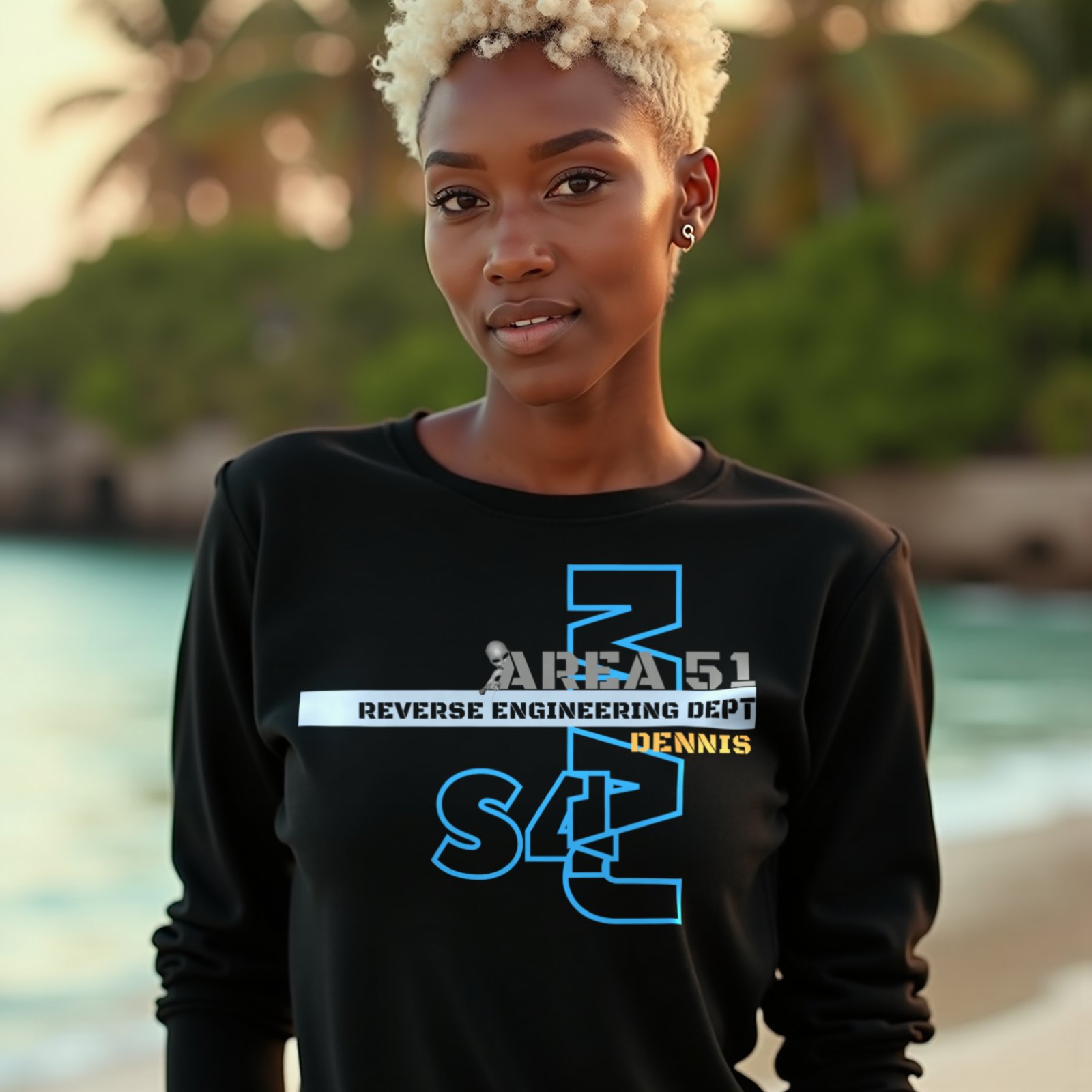 Area 51 Reverse Engineering Dept long-sleeve T-shirt in Black, worn by a model (on a tropical beach at golden hour). AI-generated image: model and scene are AI-generated; the print is the real artwork.
