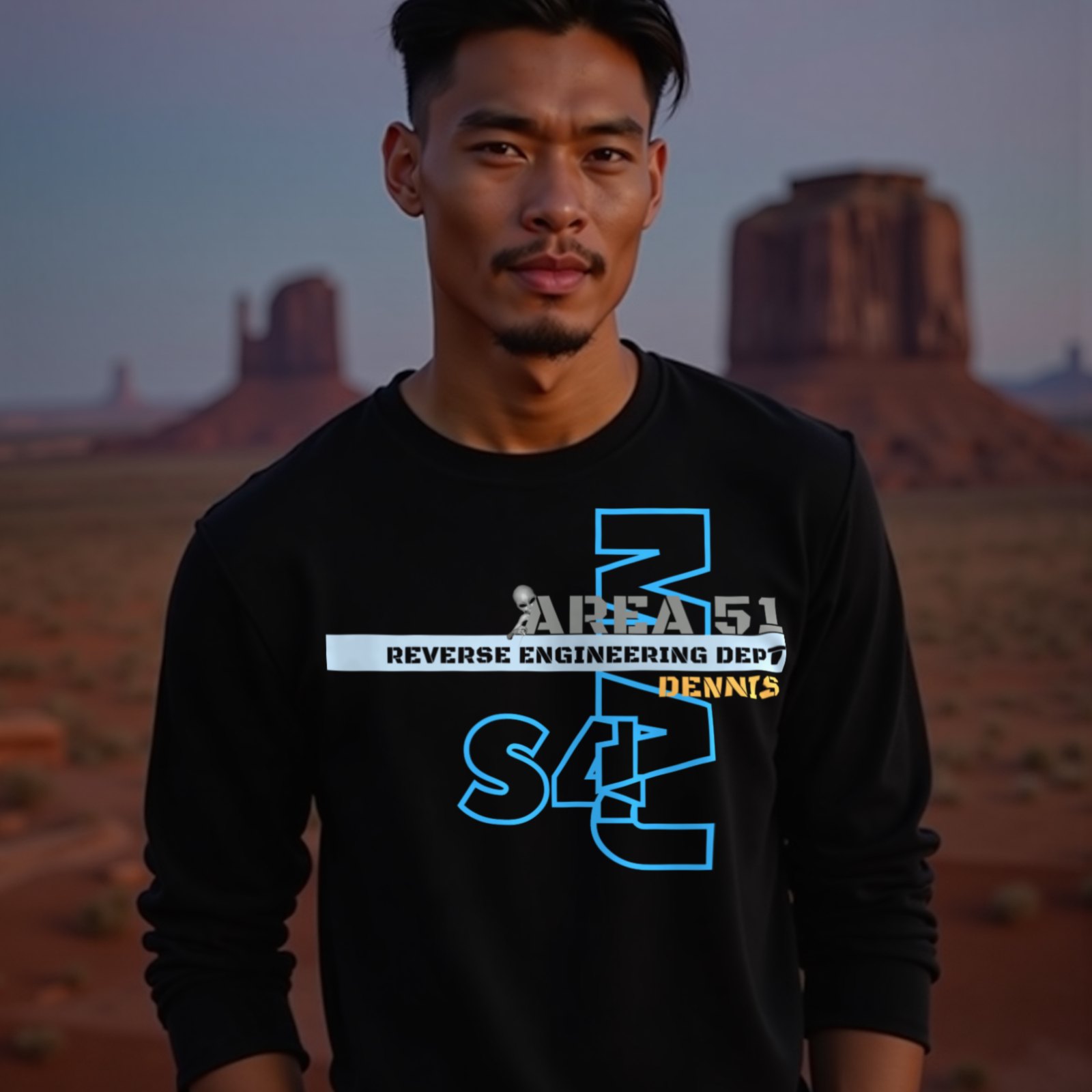 Area 51 Reverse Engineering Dept long-sleeve T-shirt in Black, worn by a model (in Monument Valley at dusk). AI-generated image: model and scene are AI-generated; the print is the real artwork.