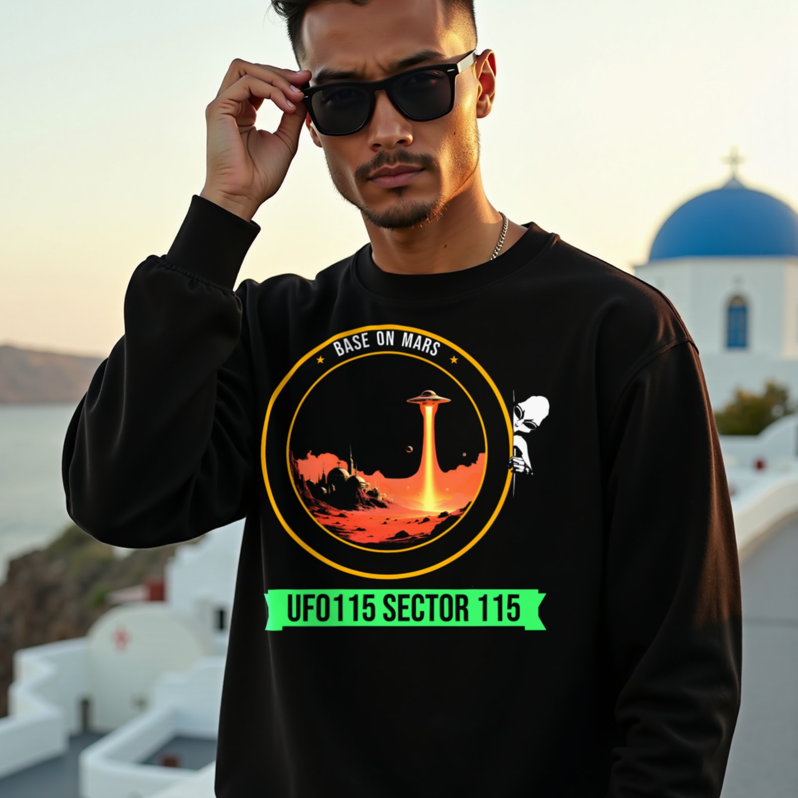 Base on Mars Mission Patch crewneck sweatshirt in Black, worn by a model (on a whitewashed Santorini terrace at golden hour). AI-generated image: model and scene are AI-generated; the print is the real artwork.
