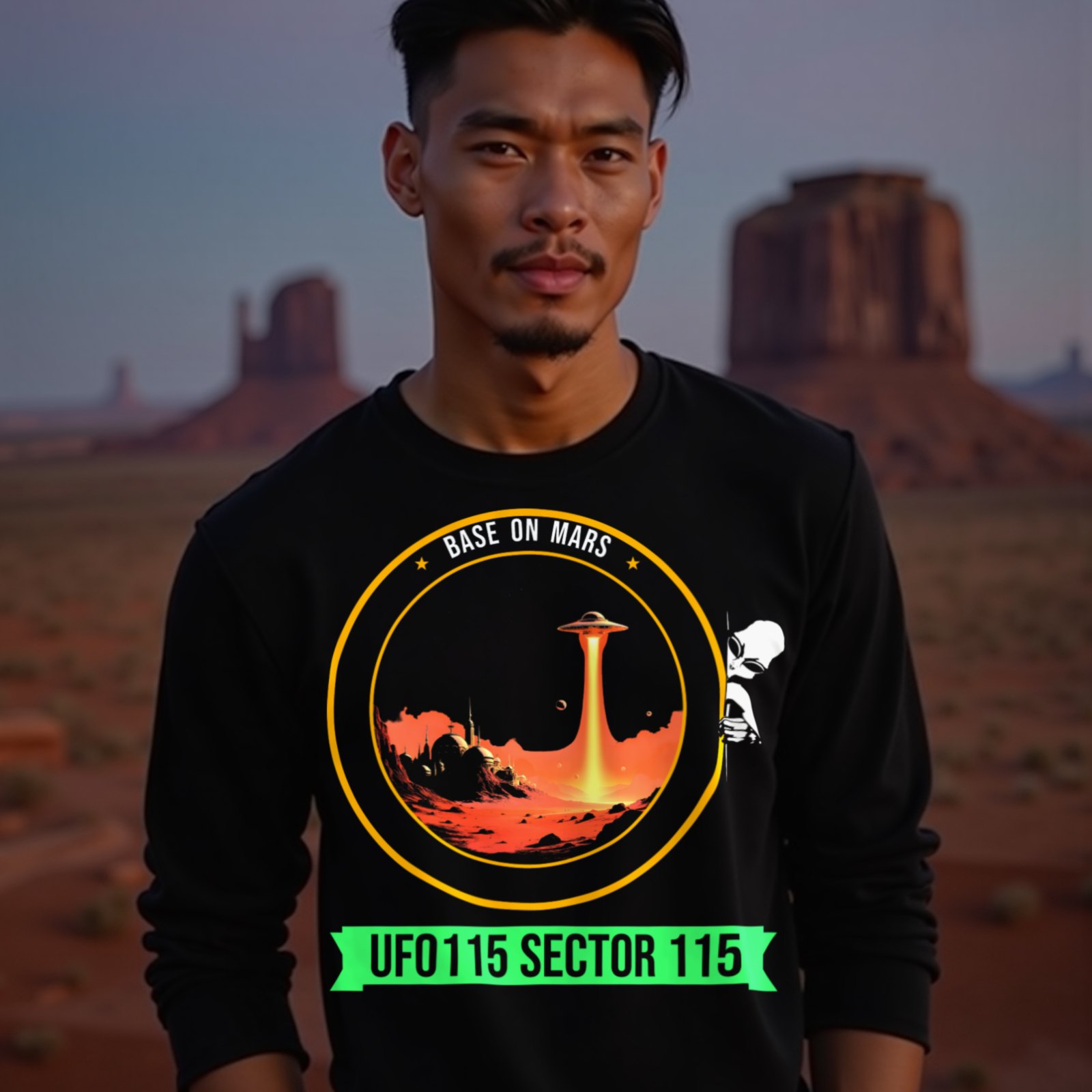 Base on Mars Mission Patch long-sleeve T-shirt in Black, worn by a model (in Monument Valley at dusk). AI-generated image: model and scene are AI-generated; the print is the real artwork.