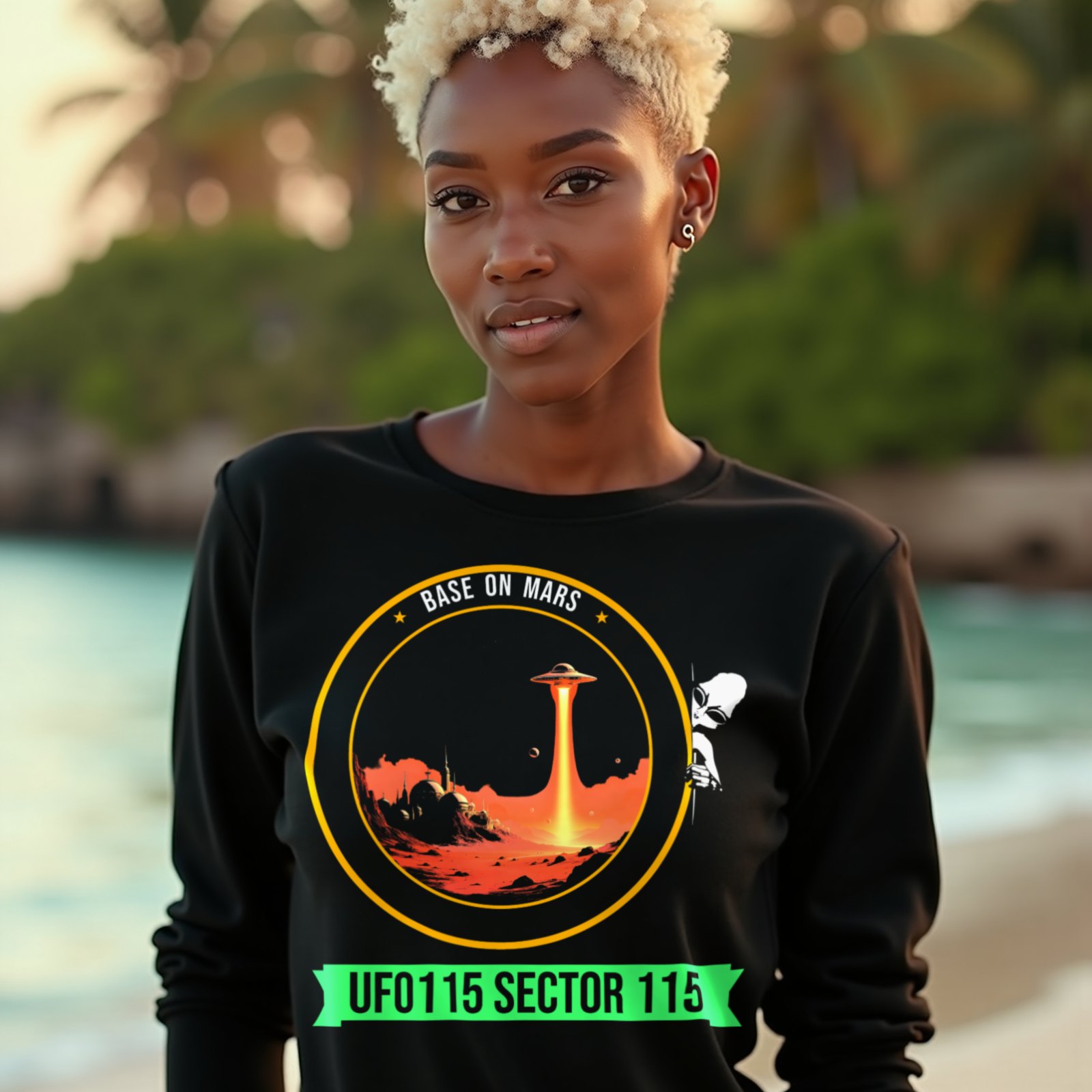 Base on Mars Mission Patch long-sleeve T-shirt in Black, worn by a model (on a tropical beach at golden hour). AI-generated image: model and scene are AI-generated; the print is the real artwork.
