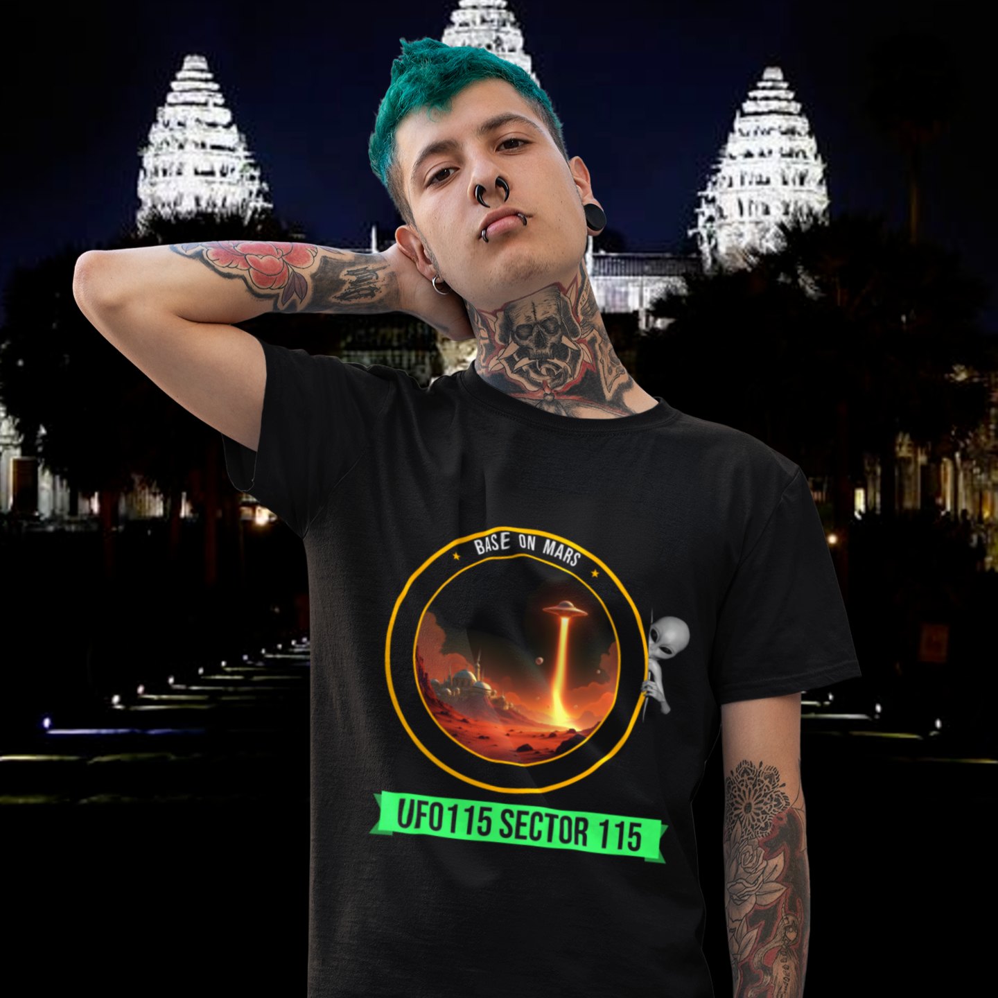 Base on Mars Mission Patch T-shirt in Black, front print, worn by a model (temple at night). AI-edited photo: the real print artwork was digitally placed on a model photo.