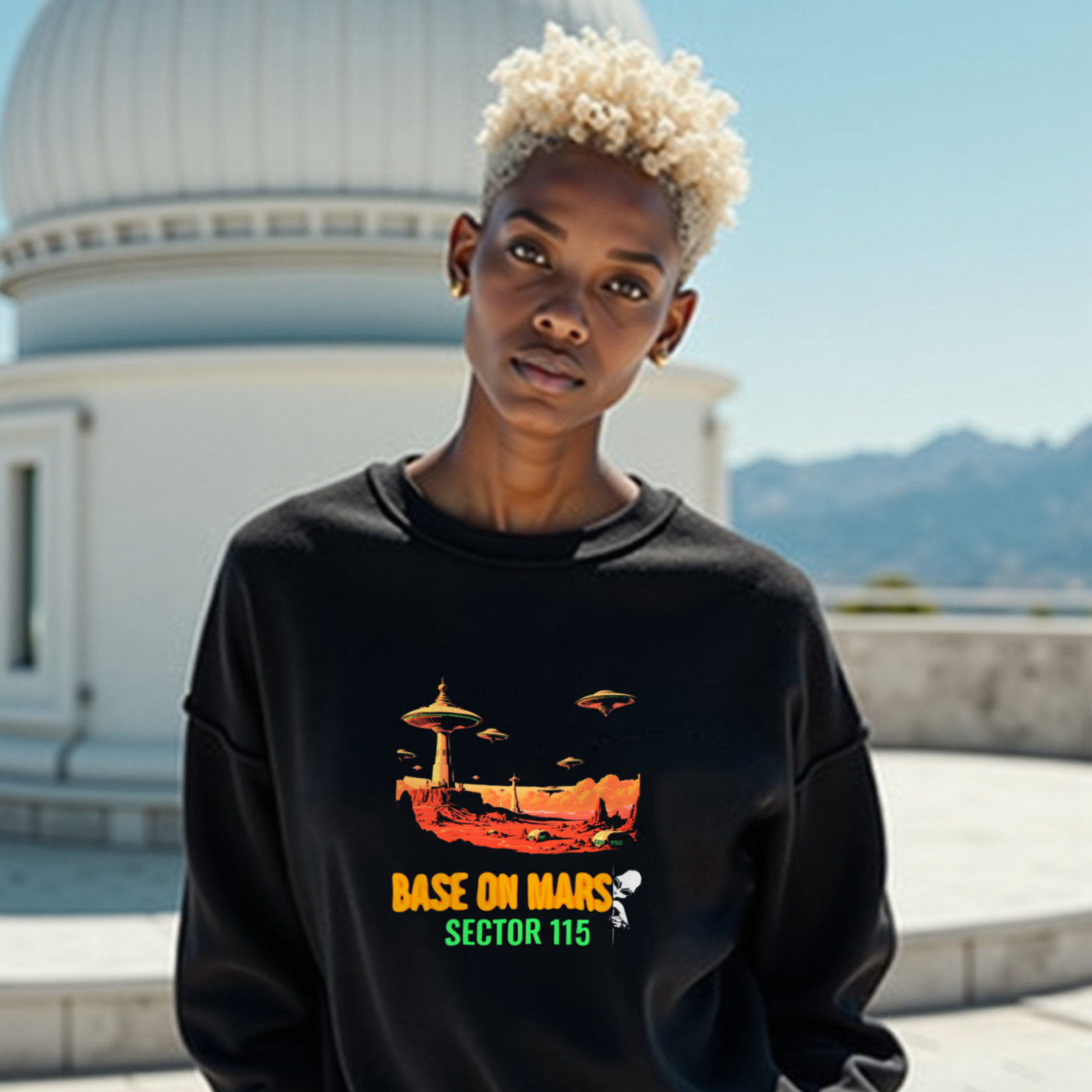 Base on Mars Retro crewneck sweatshirt in Black, worn by a model (on the white stone terrace of a mountain-top observatory on a bright clear day). AI-generated image: model and scene are AI-generated; the print is the real artwork.