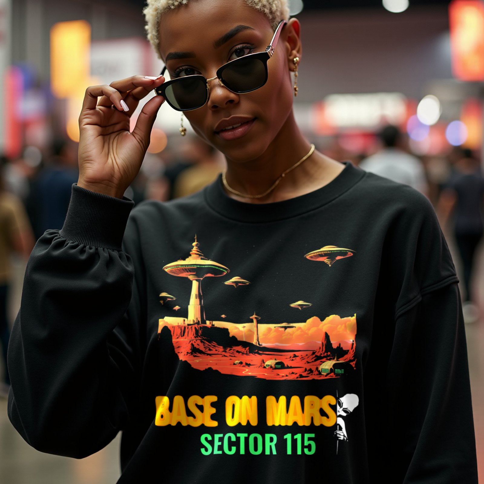 Base on Mars Retro crewneck sweatshirt in Black, worn by a model (in a busy science-fiction fan convention hall). AI-generated image: model and scene are AI-generated; the print is the real artwork.
