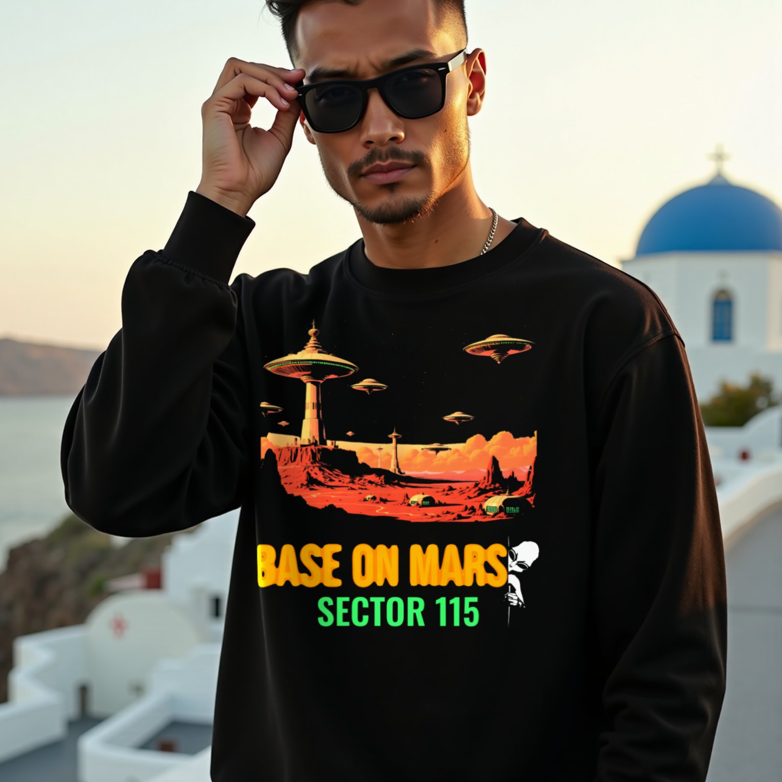 Base on Mars Retro crewneck sweatshirt in Black, worn by a model (on a whitewashed Santorini terrace at golden hour). AI-generated image: model and scene are AI-generated; the print is the real artwork.