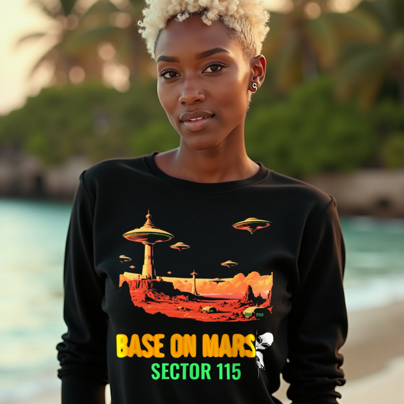Base on Mars Retro long-sleeve T-shirt in Black, worn by a model (on a tropical beach at golden hour). AI-generated image: model and scene are AI-generated; the print is the real artwork.