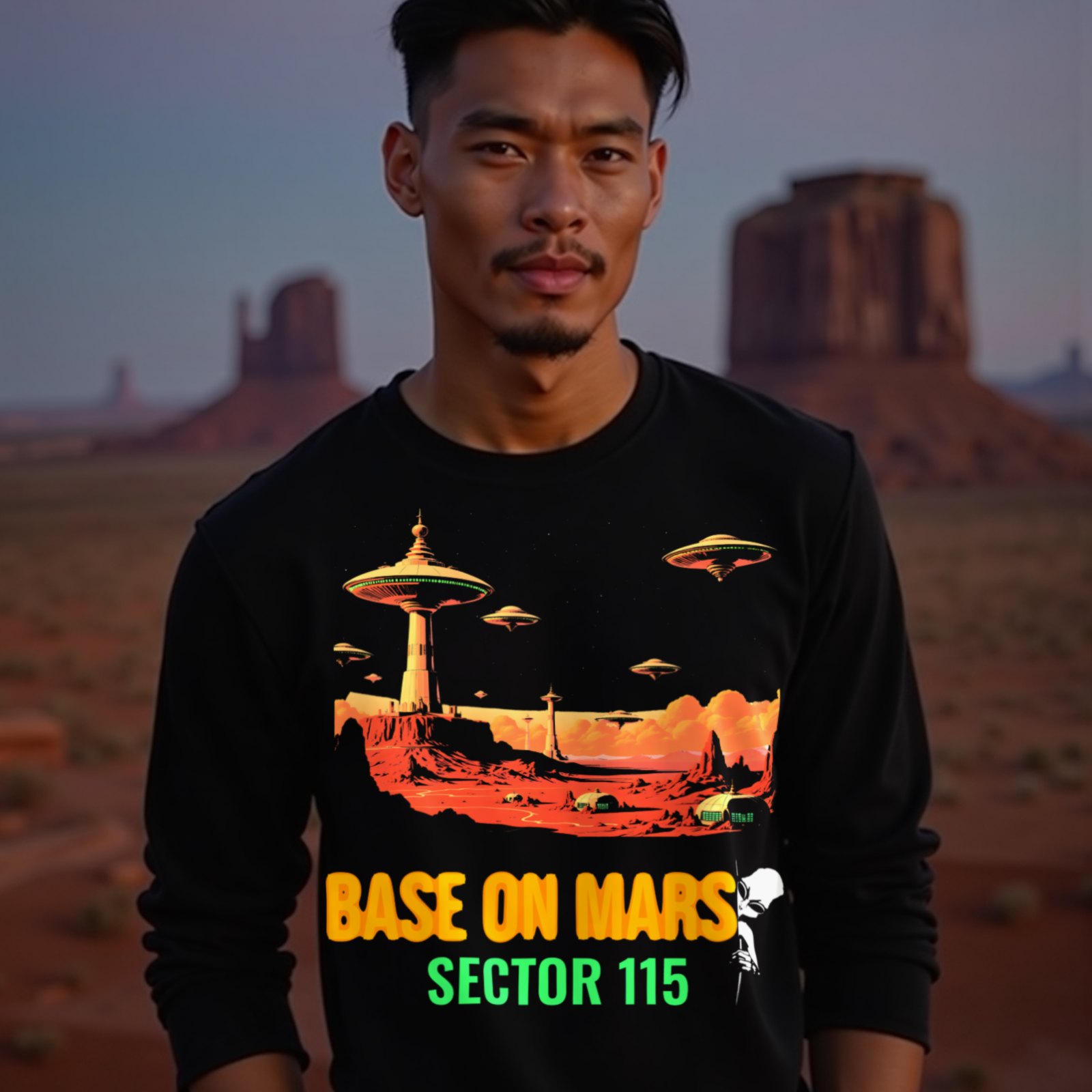 Base on Mars Retro long-sleeve T-shirt in Black, worn by a model (in Monument Valley at dusk). AI-generated image: model and scene are AI-generated; the print is the real artwork.