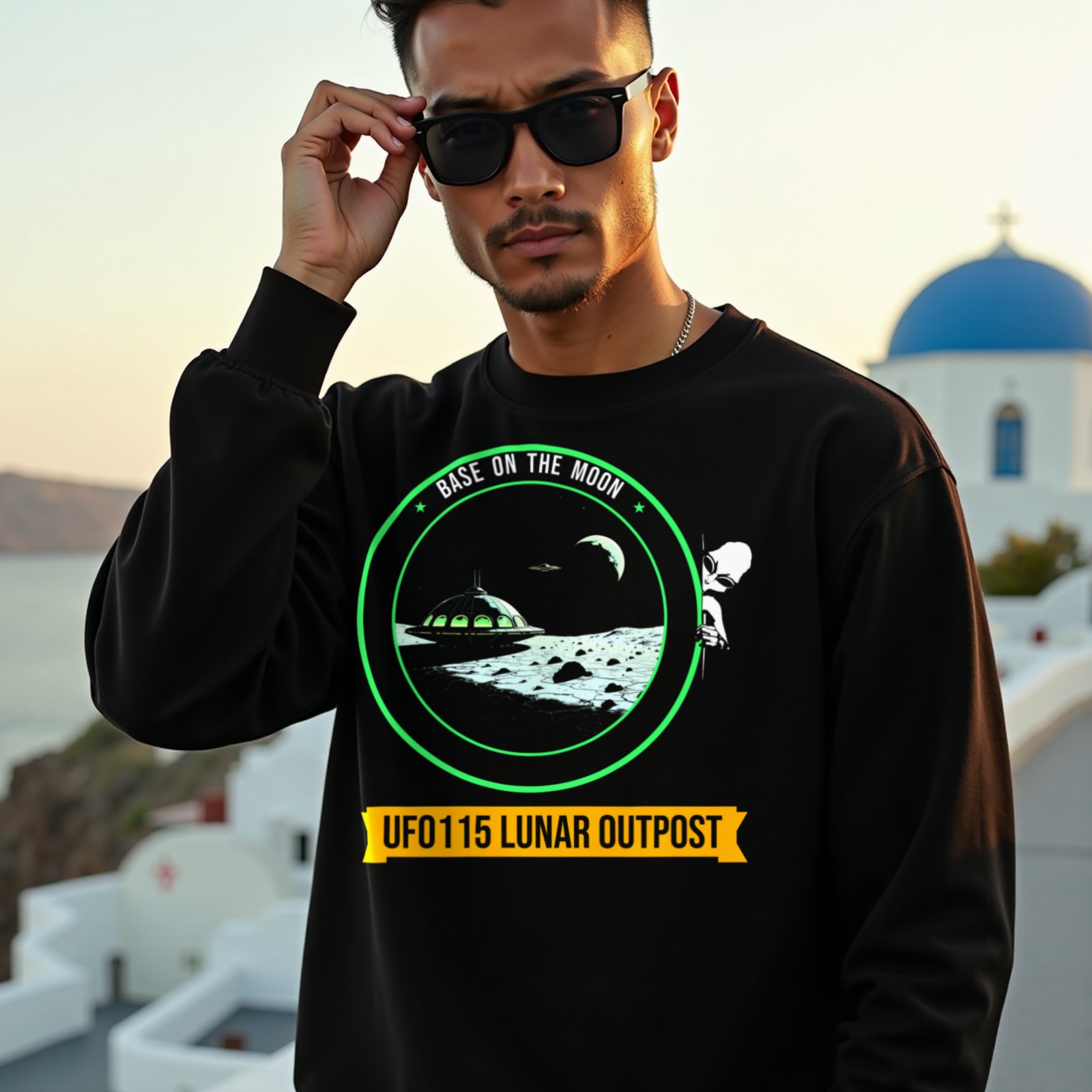 Base on the Moon Mission Patch crewneck sweatshirt in Black, worn by a model (on a whitewashed Santorini terrace at golden hour). AI-generated image: model and scene are AI-generated; the print is the real artwork.