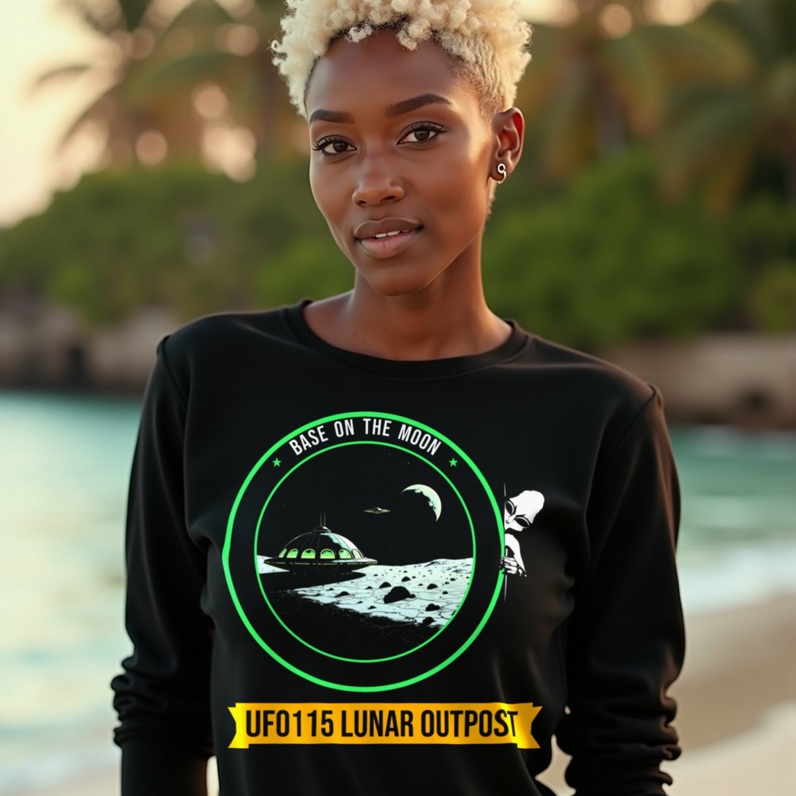 Base on the Moon Mission Patch long-sleeve T-shirt in Black, worn by a model (on a tropical beach at golden hour). AI-generated image: model and scene are AI-generated; the print is the real artwork.