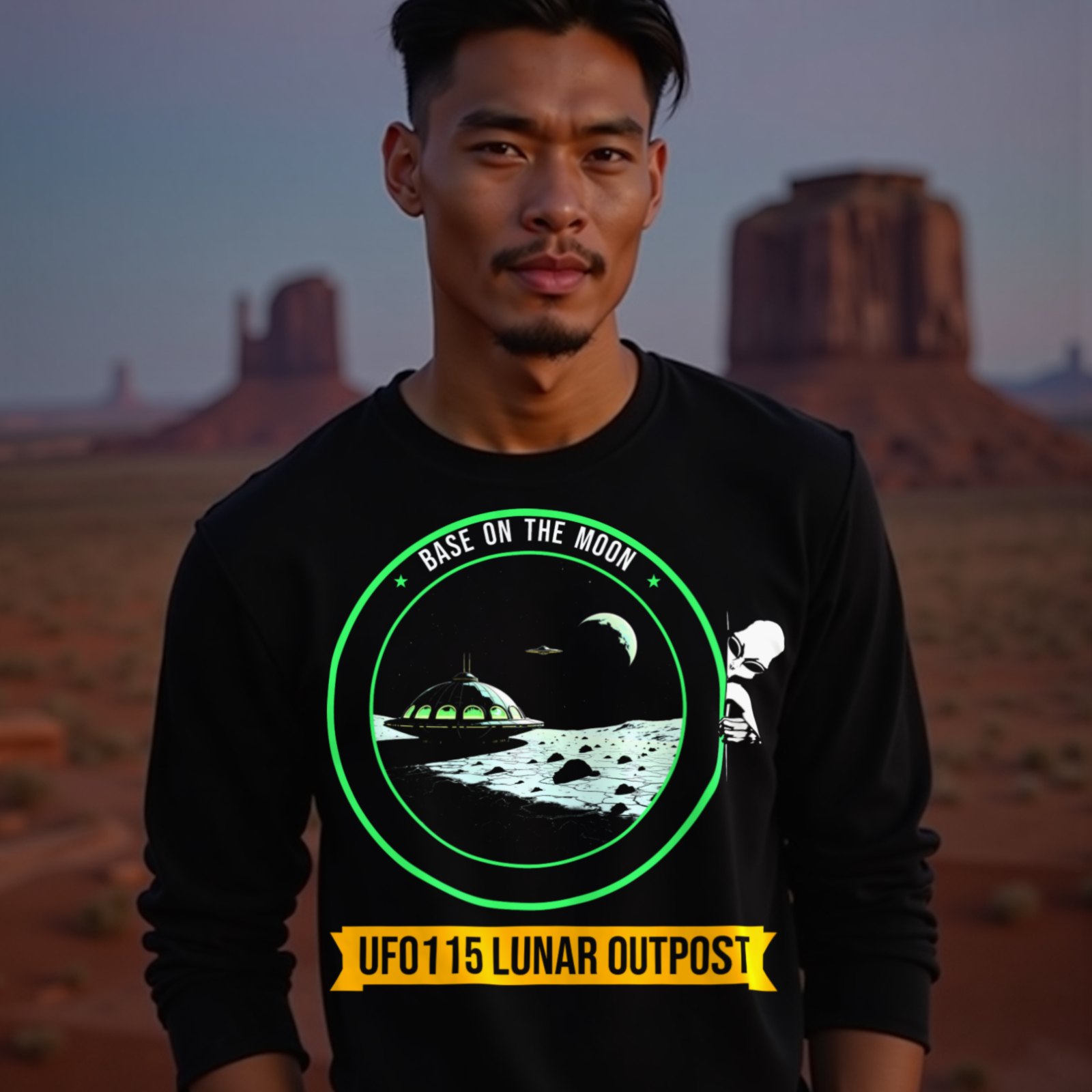 Base on the Moon Mission Patch long-sleeve T-shirt in Black, worn by a model (in Monument Valley at dusk). AI-generated image: model and scene are AI-generated; the print is the real artwork.