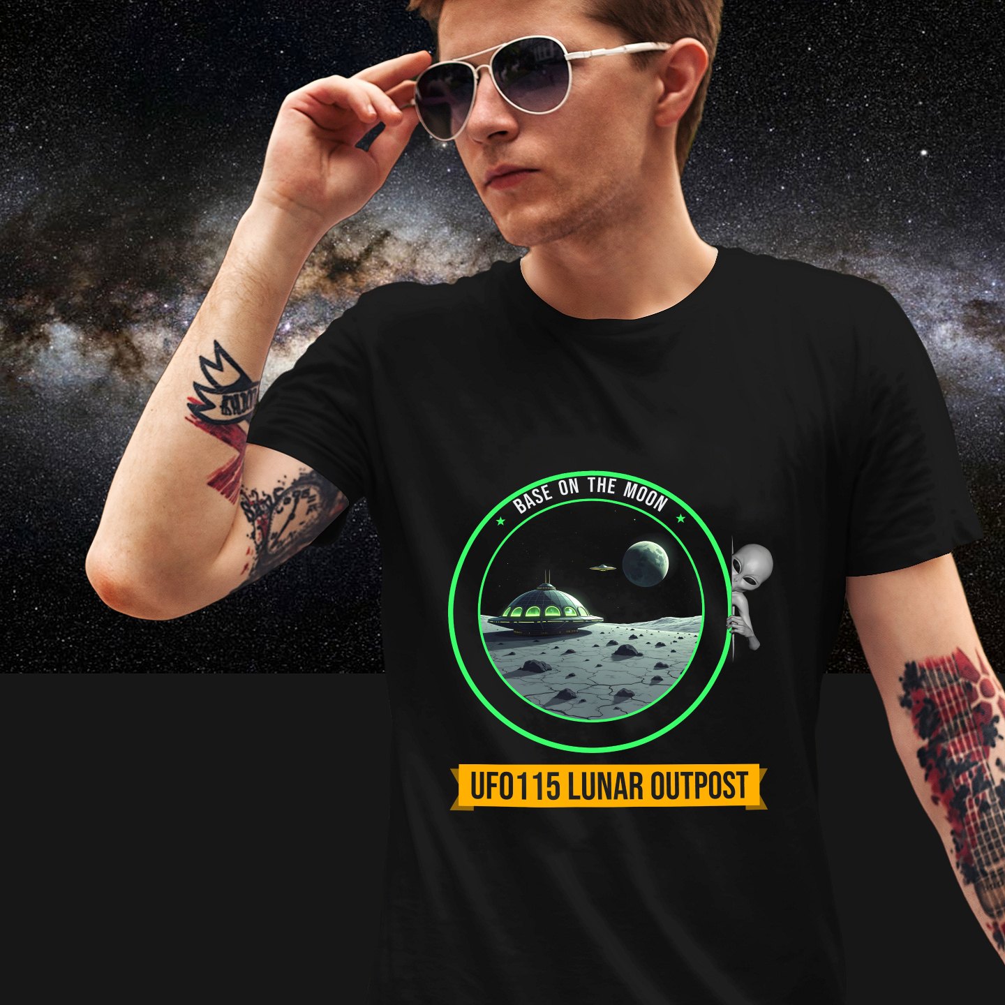 Base on the Moon Mission Patch T-shirt in Black, front print, worn by a model (Milky Way night). AI-edited photo: the real print artwork was digitally placed on a model photo.