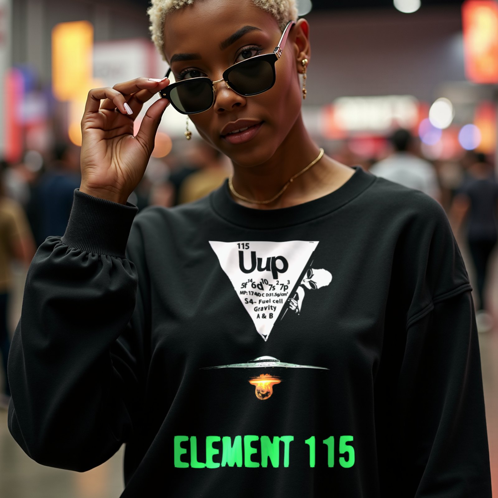 Element 115 Fuel Cell crewneck sweatshirt in Black, worn by a model (in a busy science-fiction fan convention hall). AI-generated image: model and scene are AI-generated; the print is the real artwork.