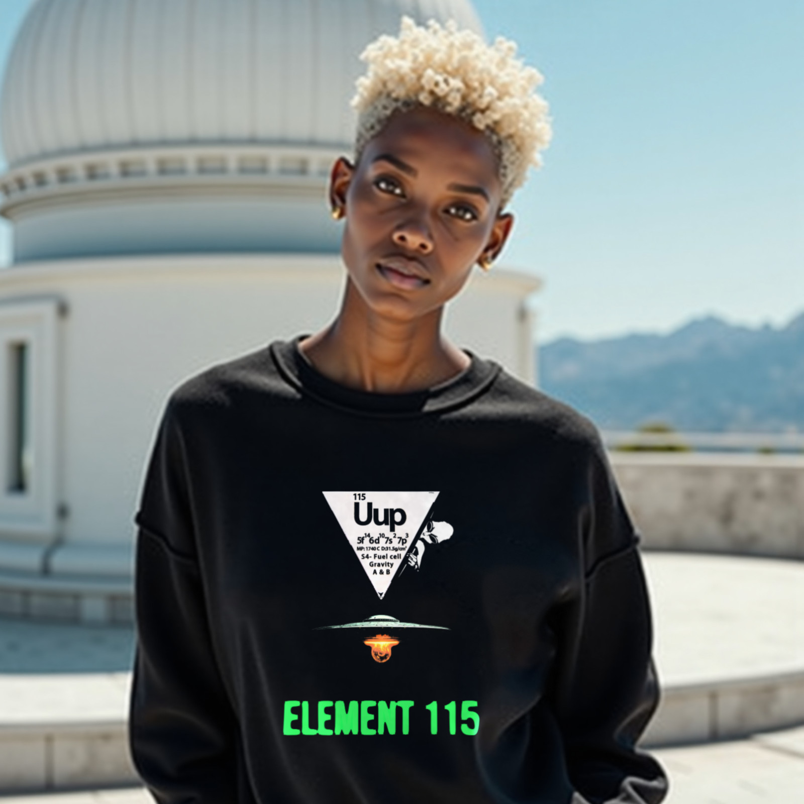 Element 115 Fuel Cell crewneck sweatshirt in Black, worn by a model (on the white stone terrace of a mountain-top observatory on a bright clear day). AI-generated image: model and scene are AI-generated; the print is the real artwork.