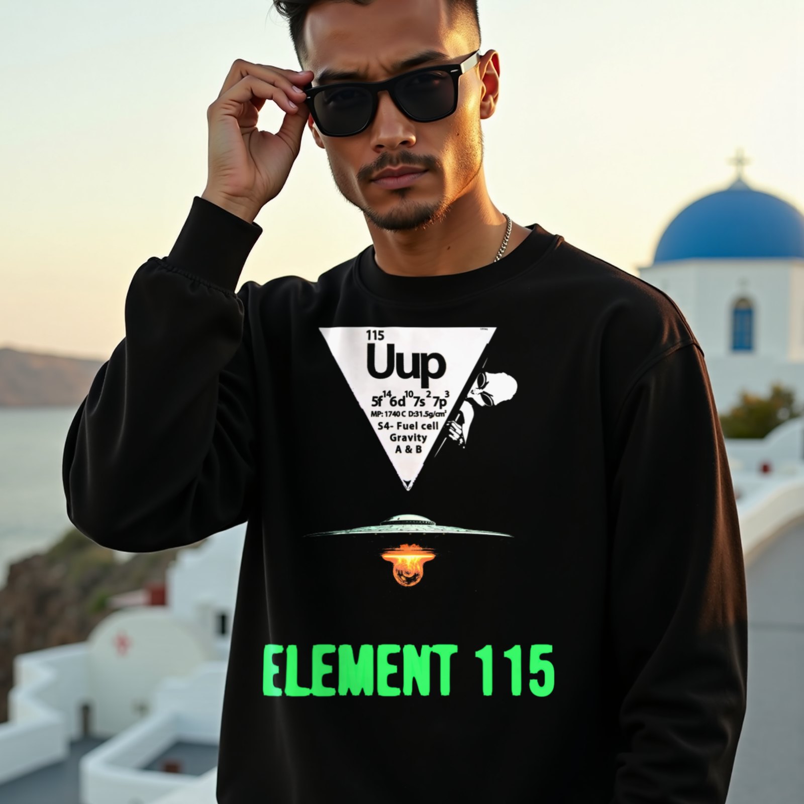 Element 115 Fuel Cell crewneck sweatshirt in Black, worn by a model (on a whitewashed Santorini terrace at golden hour). AI-generated image: model and scene are AI-generated; the print is the real artwork.